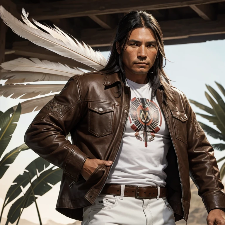40 year old Native American man with native clothing muscular build leather jacket white shirt brown pants belt with feathers with Native American tattoos