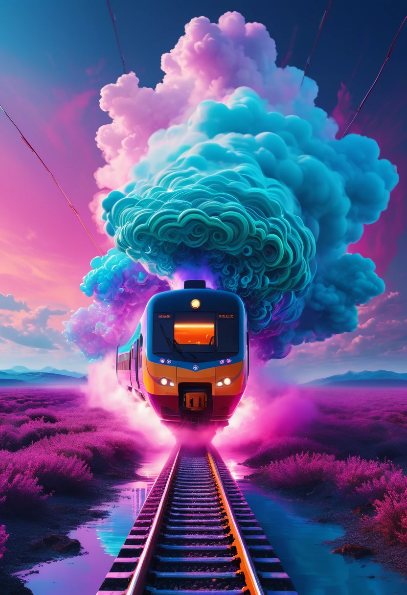 A striking conceptual illustration of a neon-infused surreal train, effortlessly gliding through an ethereal sky. The train's sleek design is adorned with mesmerizing abstract patterns and vibrant colors, casting a dreamlike atmosphere. As it soars over the seamless transition from land to a shimmering body of water, a trail of smoke transforms into intricate, mesmerizing shapes. The acidic color palette and fluid forms harmoniously create an eye-catching, cinematic poster that perfectly captures the essence of a mind-bending, otherworldly journey. This unforgettable visual experience is sure to leave a lasting impression on viewers., illustration, vibrant, conceptual art, poster, cinematic