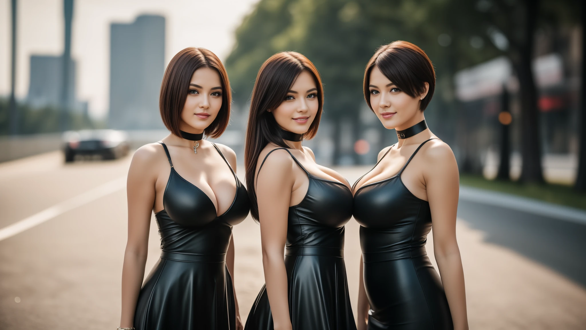 three girls, masterpiece,best qualtiy,hdr, hyper HD, 8K,Bokeh,Ultra-fine painting,Sharp focus,Physically-based rendering,Extreme detail description,portraitures,full-body photo,looking at viewer, (big breasts:1.3), red and black dress, sexy smile, Leather, choker, (long wolf_cut hair), (EOS R8, 50 millimeters, F1.2, 8K, RAW photo:1.2), photograph by arny freytag