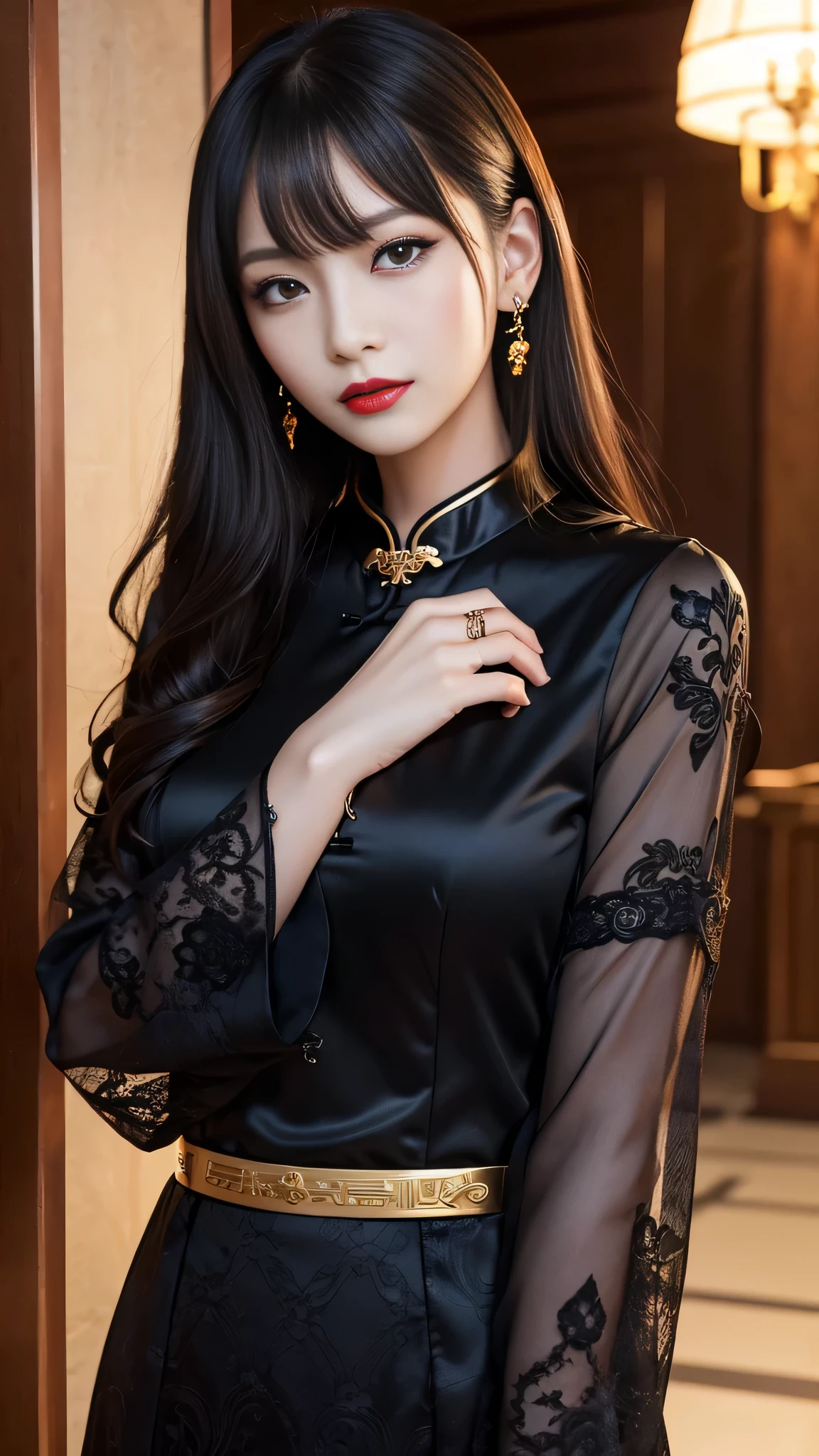 tra-detailed、Japanese、attractive beauty、seductive adult woman、pretty woman、piercing eyes、cool girl、wavy hair、swept bangs、Long Black and Gold Cheongsam、wide sleeves、Evil cadres、evil depravity、brainwash、mind control、lipstick、lip gloss、dark makeup、smirk、whisper in your ear、Evil expression、evil、hollow eyes,half-closed eyes、empty eyes、evil、church at night、vampire、succubus、vampire、Swear allegiance、sexy pose、bracelet