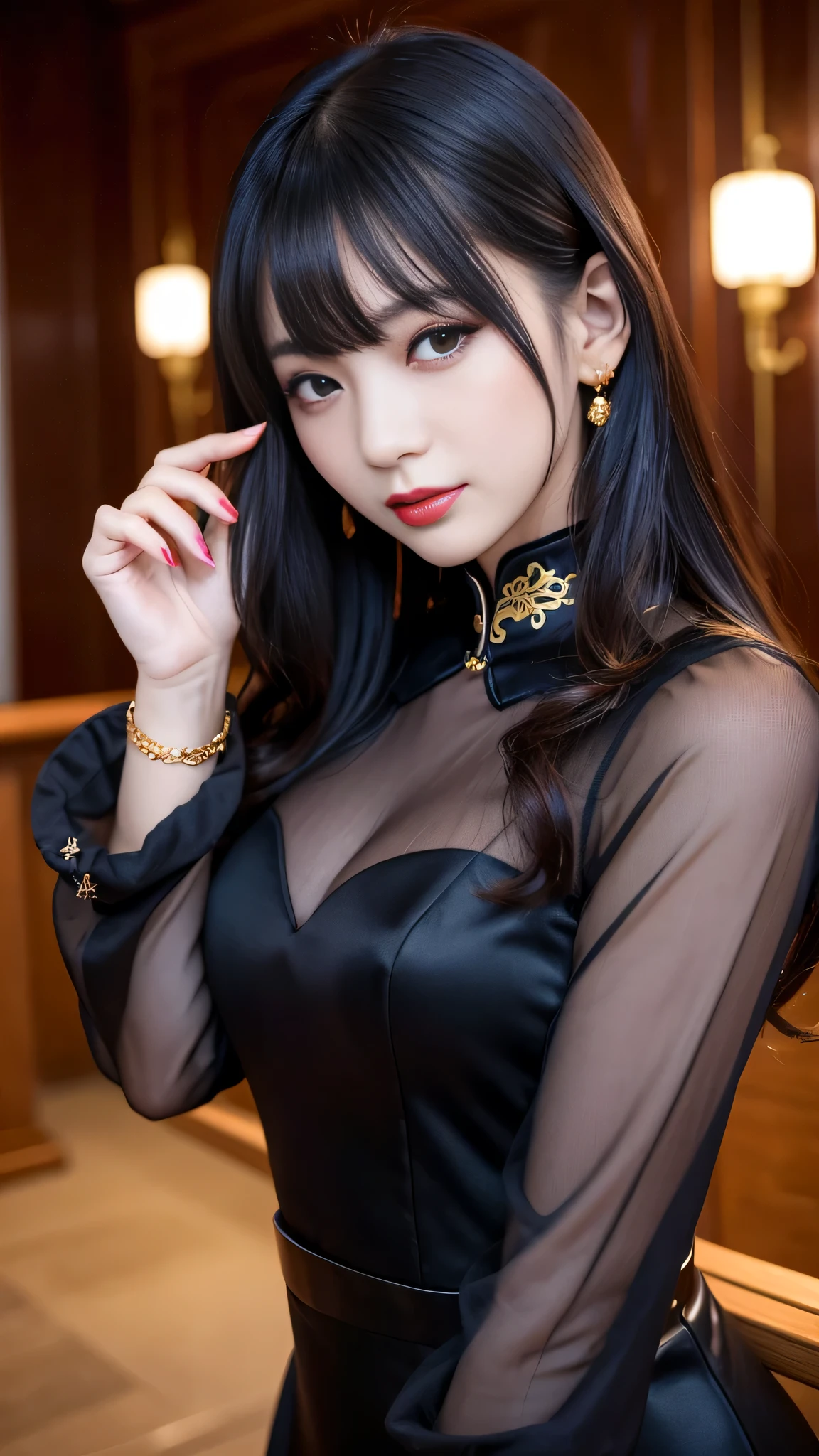 tra-detailed、Japanese、attractive beauty、seductive adult woman、pretty woman、piercing eyes、cool girl、wavy hair、swept bangs、Long Black and Gold Cheongsam、wide sleeves、Evil cadres、evil depravity、brainwash、mind control、lipstick、lip gloss、dark makeup、smirk、whisper in your ear、Evil expression、evil、hollow eyes,half-closed eyes、empty eyes、evil、church at night、vampire、succubus、vampire、Swear allegiance、sexy pose、bracelet