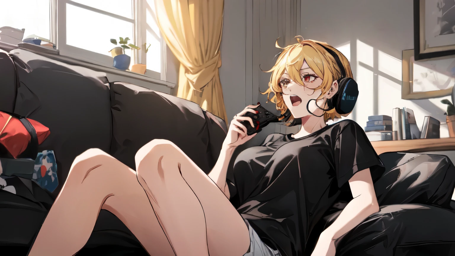 1girl , masterpiece, best quality, t-shirt, black shirt , indoors, short hair, yellow hair, living room, hair between eyes, large breasts, playing games, game controller, , sitting on person, angry face , red eyes, screaming , open mouth , very angry , shouting , from below , headset