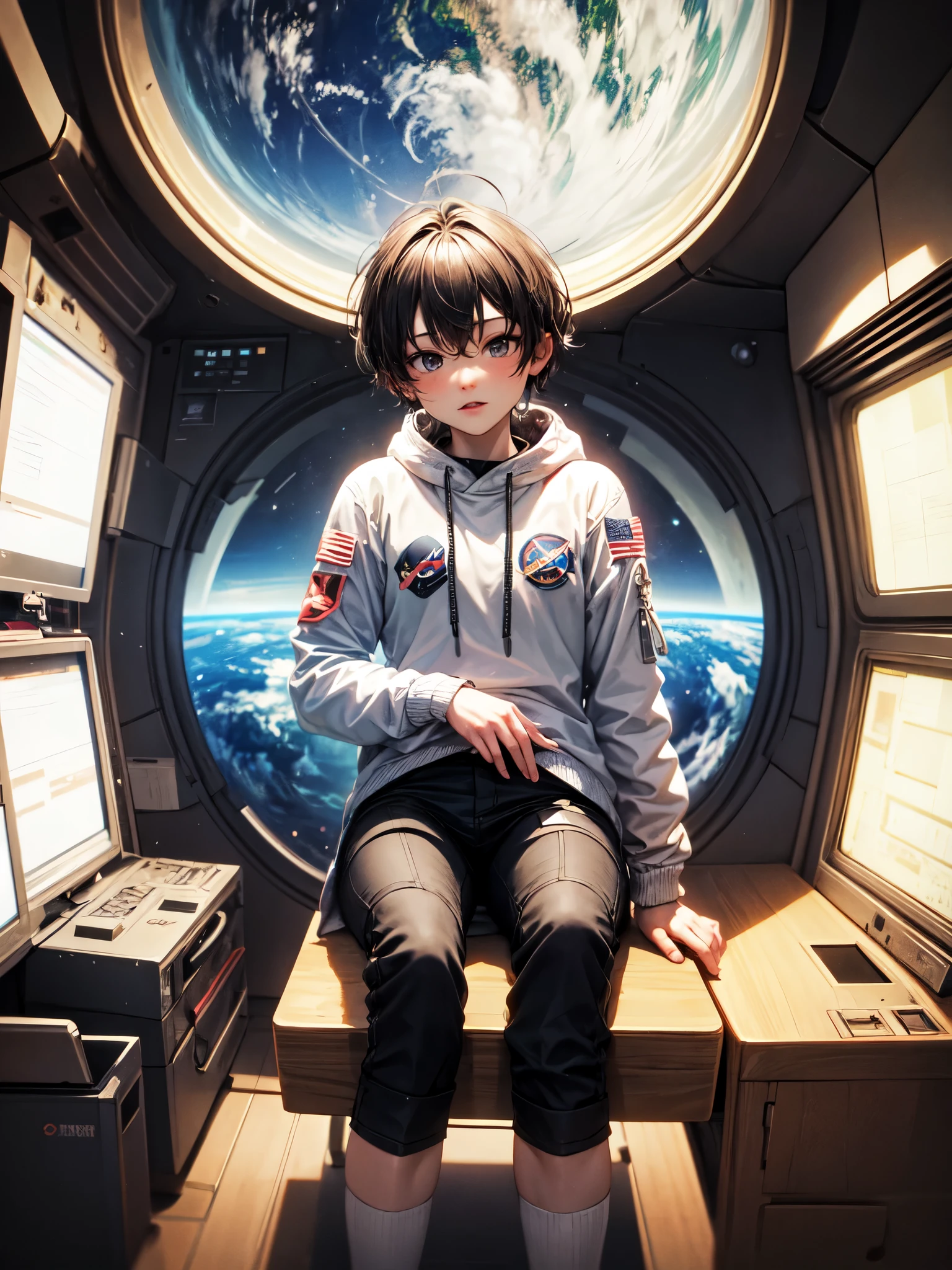 A cartoon picture, There is a boy sitting on the planet in space , with Nasa teammates , ! And he wears cartoon textures clothes and the picture should be completely cartoonish! And add some planets and space cartoon icons to this photo
