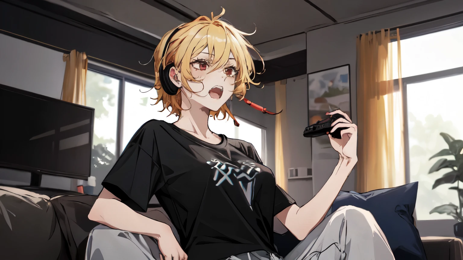 1girl , masterpiece, best quality, t-shirt, black shirt , indoors, short hair, yellow hair, living room, hair between eyes, large breasts, playing games, game controller, , sitting on person, angry face , red eyes, screaming , open mouth , very angry , shouting , from below , headset