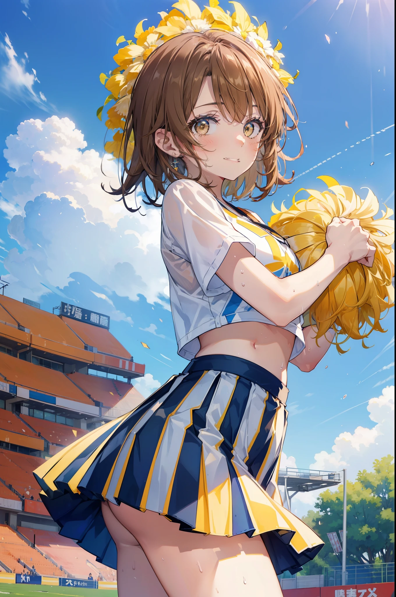 irohaisshiki, iroha isshiki, short hair, brown hair, (brown eyes:1.5), smile,happy smile, smile, open your mouth,(cheer leading), (whole body), big breasts, lower, (sweaty), sweaty Wet Clothes, (yellow clothes),Yellow pleated skirt,sneakers , Navel support, playground, (jump), (jump), 足を曲げてjumpする, air, blue sky, Grass原, smile
チアリーダー, pom pom \(cheer leading\), Grass, smile, 
break outdoors,stadium,
break looking at viewer,(cowboy shot:1.5),
break (masterpiece:1.2), highest quality, High resolution, unity 8k wallpaper, (figure:0.8), (detailed and beautiful eyes:1.6), highly detailed face, perfect lighting, Very detailed CG, (perfect hands, perfect anatomy),