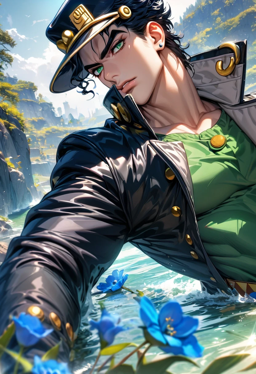 absurdres, highres, ultra detailed, HDR), masterpiece, Vibrant green eyes, Jotaro Kujo, jojo bizarre adventure, 1man, handsome, black leather coat, black hair, black hat, water, blue flowers
