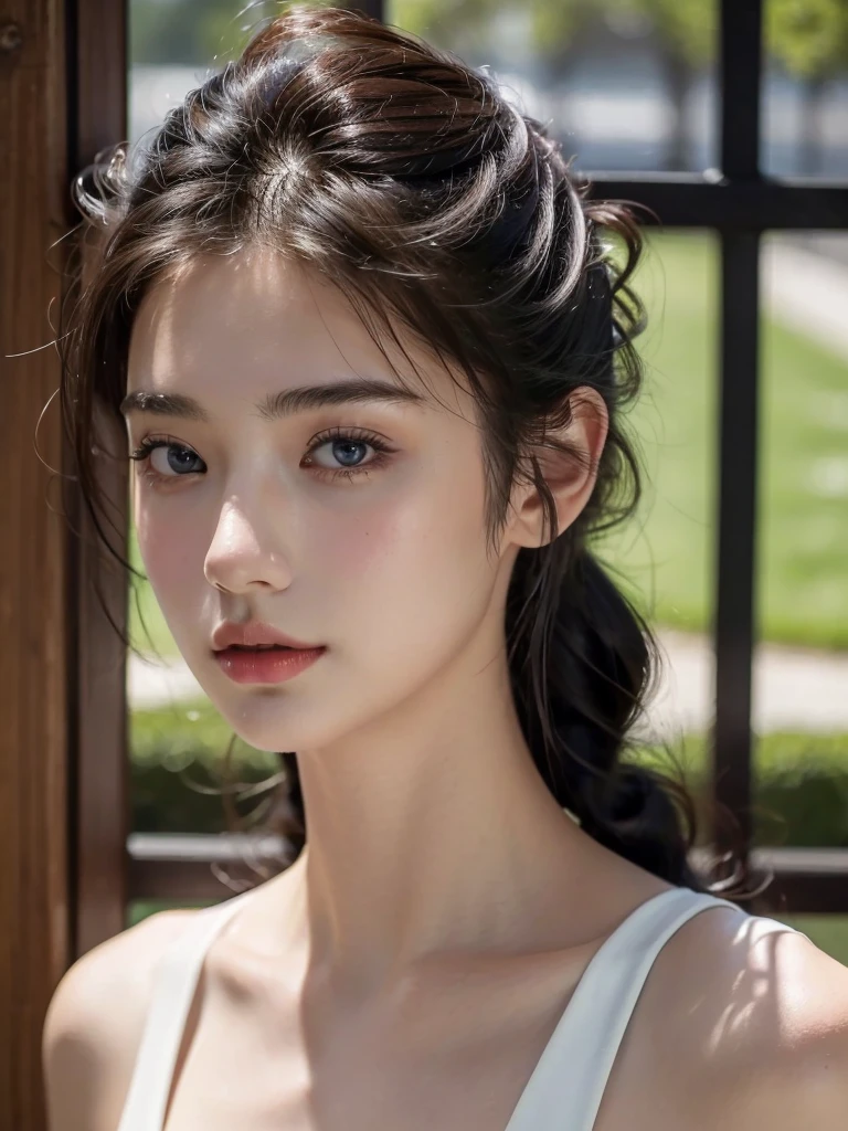 ( masterpiece, top quality, best quality,8k, girl,ultra detailed,raw photo:1.5),(photorealistic:1.4), (french twist hairstyle, black hair:1.5), (cinematic lighting), PerfectNwsjMajic, , Surrealism, UHD, ccurate, Super detail, textured skin, High detail, Best quality, dynamic angle, White skin,[Beautiful blue eyes], high nose,[flat chest:large breasts:0.5],(1girl),(good anatomy:0.5)),( Classic style, outside ),