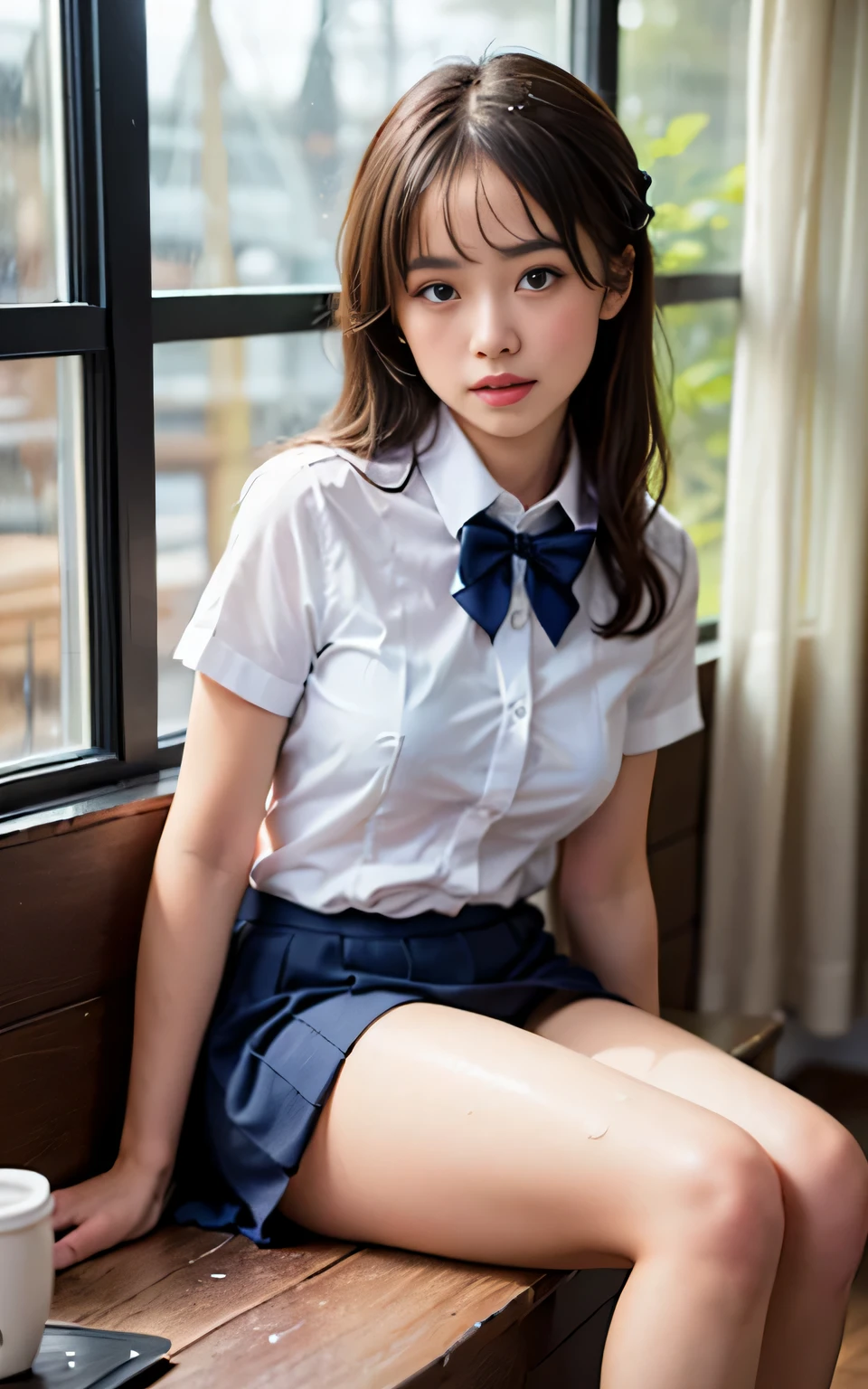 Highly detailed CG Unity 8K wallpaper、highest quality、super detailed、masterpiece、realistic、Photoreal、Highly detailed cute girl、18-year-old、(High school students wearing Japanese uniforms)、((Shooting from the front:1.4))、((dark blue bow tie:1.4))、((Sitting on a wooden chest:1.4))、blush、split lips、looking at the viewer、semi body shot、(A room in a love hotel)、(Japan High and designated shoes)、(Navy blue short pleated skirt lift:1.5)、(Short-sleeved white shirt for students)、 (dark blue bow tie:1.2)、(Light brown long hair)、(beautiful face:1.3)、(perfect proportions:1.2)、(long legs:1.2)、(small breasts:1.3)、((white panties:1.4))、((Blouse wet in the rain、The brush is see-through))、(Bra is transparent)、(((wet hair、wet skin)))、((have a coffee cup:1.4))、((Upper body))、((rain outside the window:1.4))、