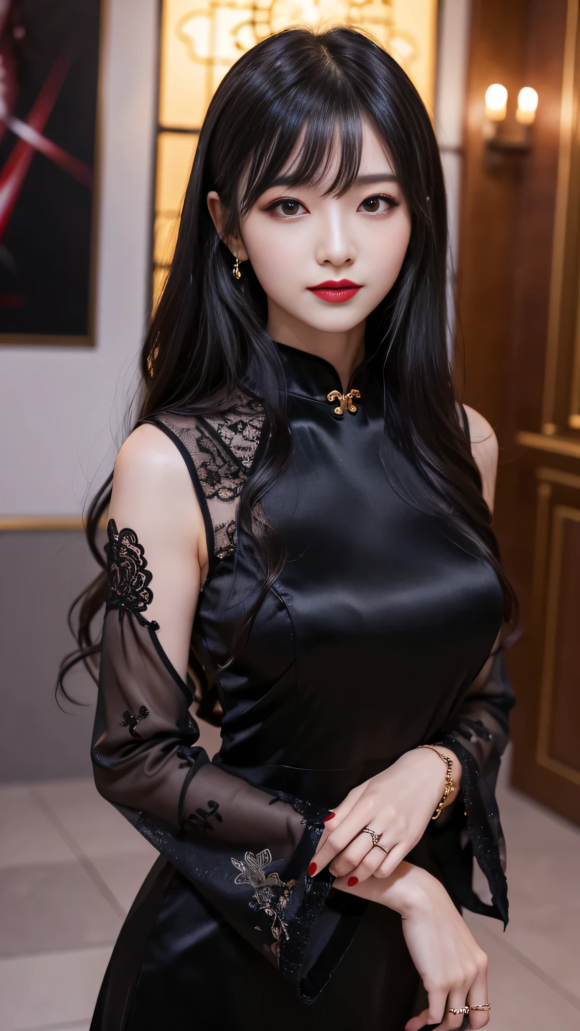 tra-detailed、Japanese、attractive beauty、seductive adult woman、pretty woman、piercing eyes、cool girl、wavy hair、swept bangs、Long Black and Gold Cheongsam、wide sleeves、Evil cadres、evil depravity、brainwash、mind control、lipstick、lip gloss、dark makeup、smirk、whisper in your ear、Evil expression、evil、hollow eyes,half-closed eyes、empty eyes、evil、church at night、vampire、succubus、vampire、Swear allegiance、sexy pose、bracelet