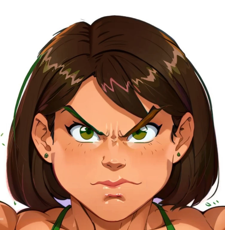 muscle woman with brunette hair wearing green bikini flexing massive muscles, most muscular pose, woman with huge muscles, mature woman, stern expression, green eyes, angry expression