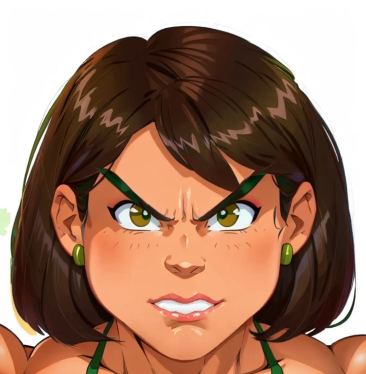 muscle woman with brunette hair wearing green bikini flexing massive muscles, most muscular pose, woman with huge muscles, mature woman, stern expression, green eyes, angry expression