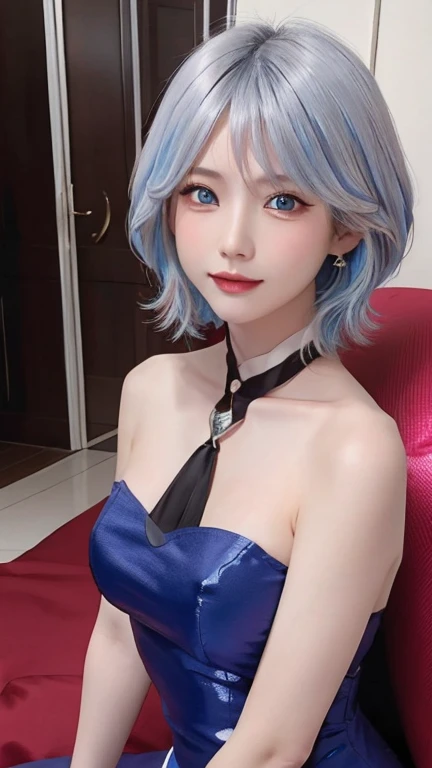 masterpiece, highest quality, figure, saxophone blue hair, platinum earrings, platinum necklace, red sheer evening dress, High-neck clothes,not showing chest,1 girl, Lovely, (dynamic lighting:1.2), movie theater lighting, exquisite features, delicate blue eyes, wear half-rim glasses(concentrated),sharp pupils, realistic student, Depth of the bounds written, Bokeh, 锐利的concentrated, (Super detailed, bloom, shine:1.4)