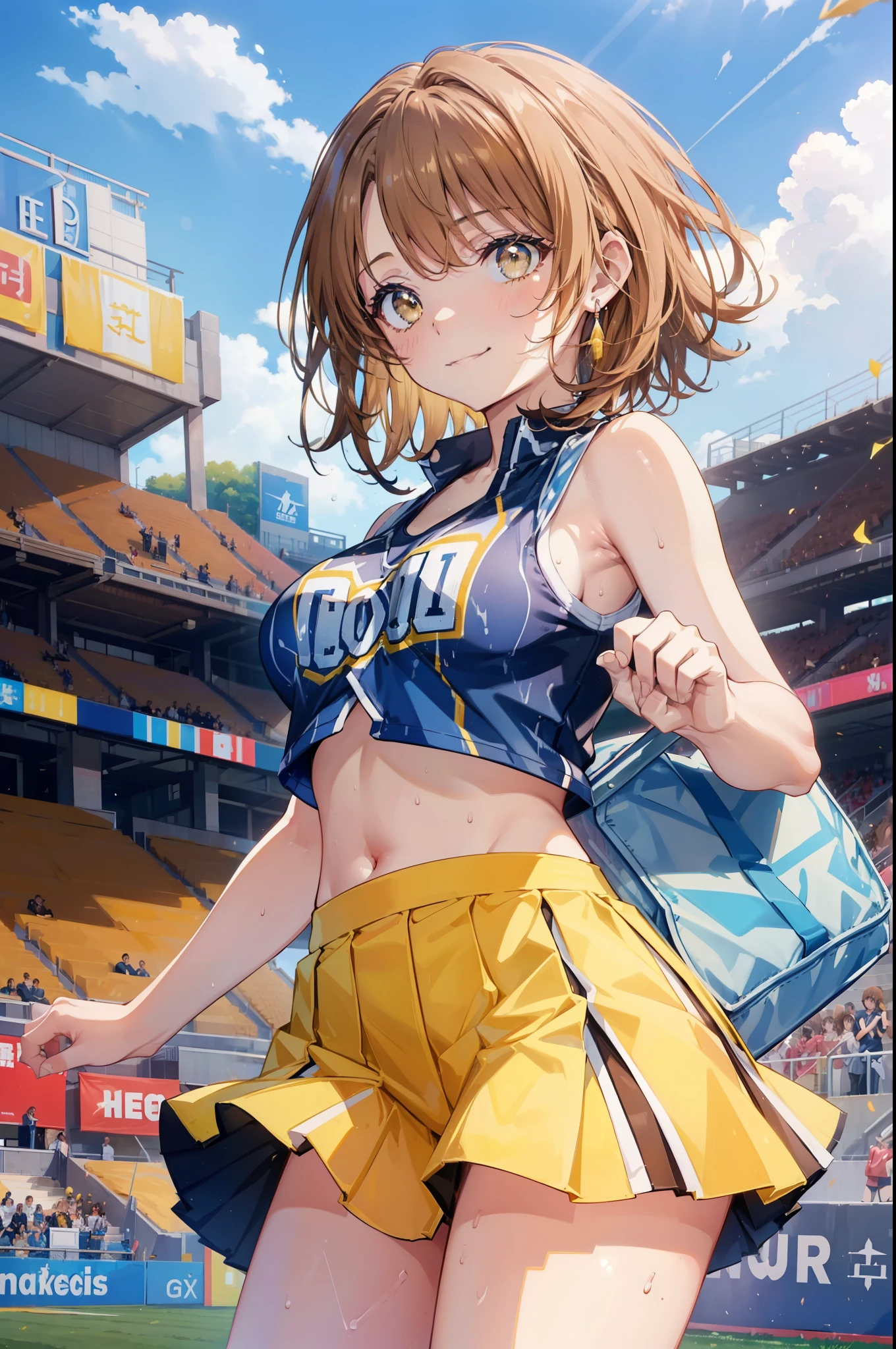 irohaisshiki, iroha isshiki, short hair, brown hair, (brown eyes:1.5), smile,happy smile, smile, open your mouth,(cheer leading), (whole body), big breasts, lower, (sweaty), sweaty Wet Clothes, (yellow clothes),Yellow pleated skirt,sneakers , Navel support, playground, (jump), (jump), 足を曲げてjumpする, air, blue sky, Grass原, smile
チアリーダー, pom pom \(cheer leading\), Grass, smile,
break outdoors,stadium,
break looking at viewer,(cowboy shot:1.5),
break (masterpiece:1.2), highest quality, High resolution, unity 8k wallpaper, (figure:0.8), (detailed and beautiful eyes:1.6), highly detailed face, perfect lighting, Very detailed CG, (perfect hands, perfect anatomy),