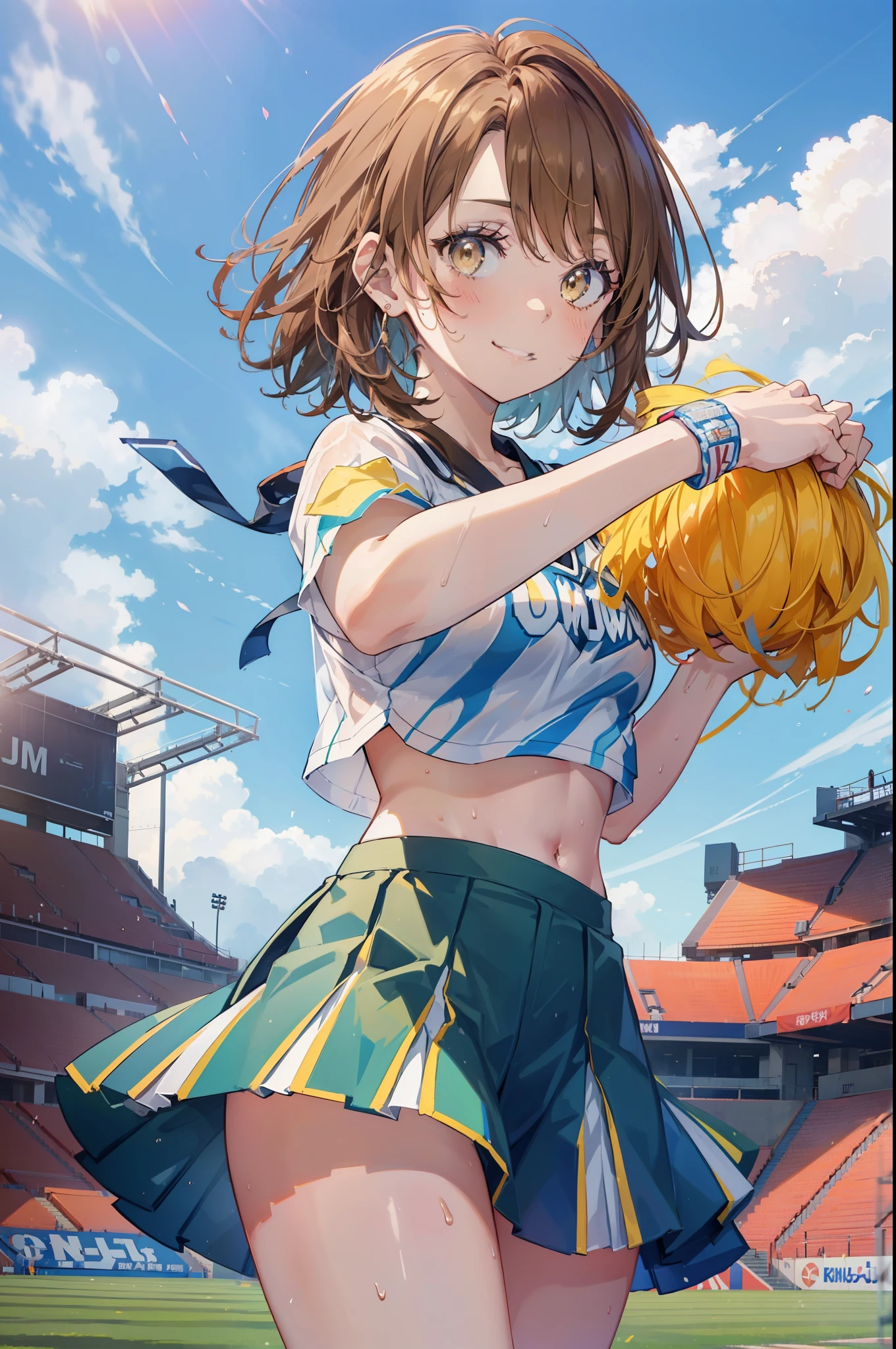 irohaisshiki, iroha isshiki, short hair, brown hair, (brown eyes:1.5), smile,happy smile, smile, open your mouth,(cheer leading), (whole body), big breasts, lower, (sweaty), sweaty Wet Clothes, (yellow clothes),Yellow pleated skirt,sneakers , Navel support, playground, (jump), (jump), 足を曲げてjumpする, air, blue sky, Grass原, smile
チアリーダー, pom pom \(cheer leading\), Grass, smile,
break outdoors,stadium,
break looking at viewer,(cowboy shot:1.5),
break (masterpiece:1.2), highest quality, High resolution, unity 8k wallpaper, (figure:0.8), (detailed and beautiful eyes:1.6), highly detailed face, perfect lighting, Very detailed CG, (perfect hands, perfect anatomy),