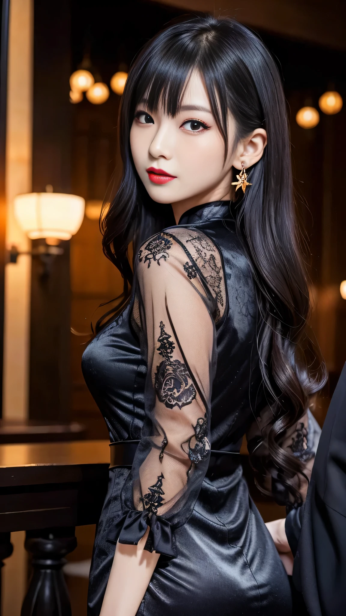 tra-detailed、Japanese、attractive beauty、seductive adult woman、pretty woman、piercing eyes、cool girl、wavy hair、swept bangs、Long Black and Gold Cheongsam、wide sleeves、Evil cadres、evil depravity、brainwash、mind control、lipstick、lip gloss、dark makeup、smirk、whisper in your ear、Evil expression、evil、hollow eyes,half-closed eyes、empty eyes、evil、church at night、vampire、succubus、vampire、Swear allegiance、sexy pose、bracelet