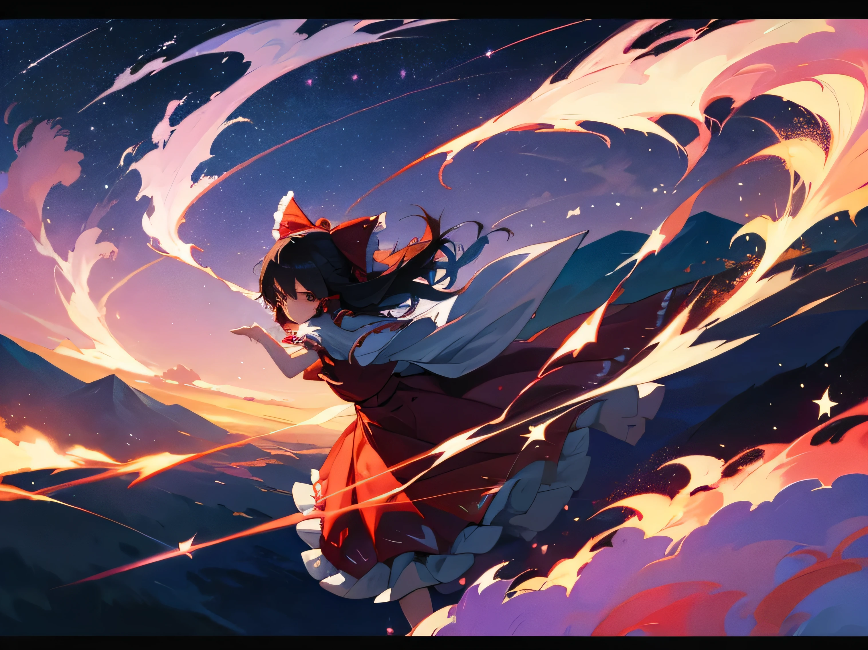 Reimu Hakurei (Touhou) flying in a starry sky while in the background is seen a far beautiful landscape, shrine maiden, highly detailed, 4k quality, ribbon, cold colors 