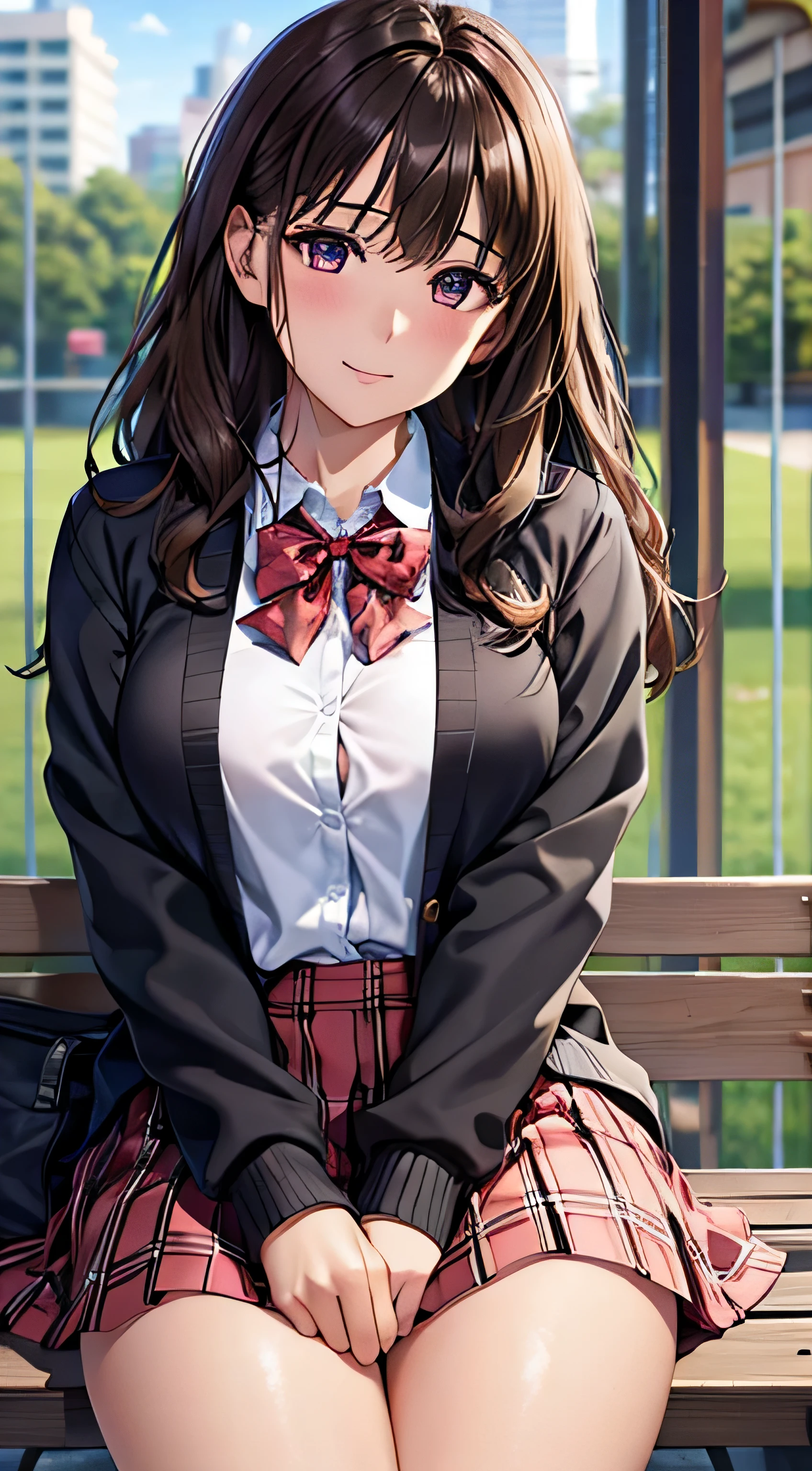 (table top, highest quality, High resolution, , perfect pixel, 4k,), 1 girl, single, alone, Beautiful woman、I could see the whole body、 ((wavy middle hair, bangs, brown hair)), ((brown eyes, beautiful eyelashes, realistic eyes)), ((detailed face, blush:1.2)), ((smooth texture:0.75, realistic texture:0.65, realistic:1.1, Anime CG style)), medium breasts, dynamic angle, perfect body, ((red bow tie, , black jacket, open jacket,cardigan, white shirt, black skirt, shirt unbuttoned、plaid skirt)), upper grade、shy smile、school poolside、evening、sit on a bench、(open your legs、get down on one knee、flip up the skirt、pink floral lace panties)、