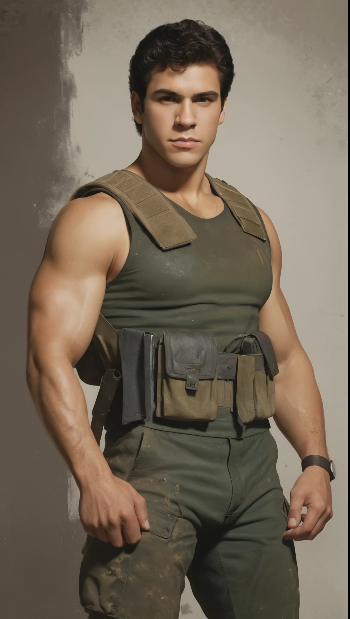 An illustrated movie poster, hand-drawn, full color, a soldier, male, 21 years-old, wearing a vest and tactical pants, resembles a young Lou Ferrigno, sun-tanned skin, chubby face, average height, broad shoulders, soft belly, slightly overweight, deep brown eyes, wide bulbous nose, black hair, curly taper fade, thick bushy eyebrows, extremely hairy chest, stomach, and arms, lots of body hair, posing in a ruined village, hard shadows, graphite shading, stencil markings, airbrushed acrylic paint, masterpiece, in the style of Skyrim