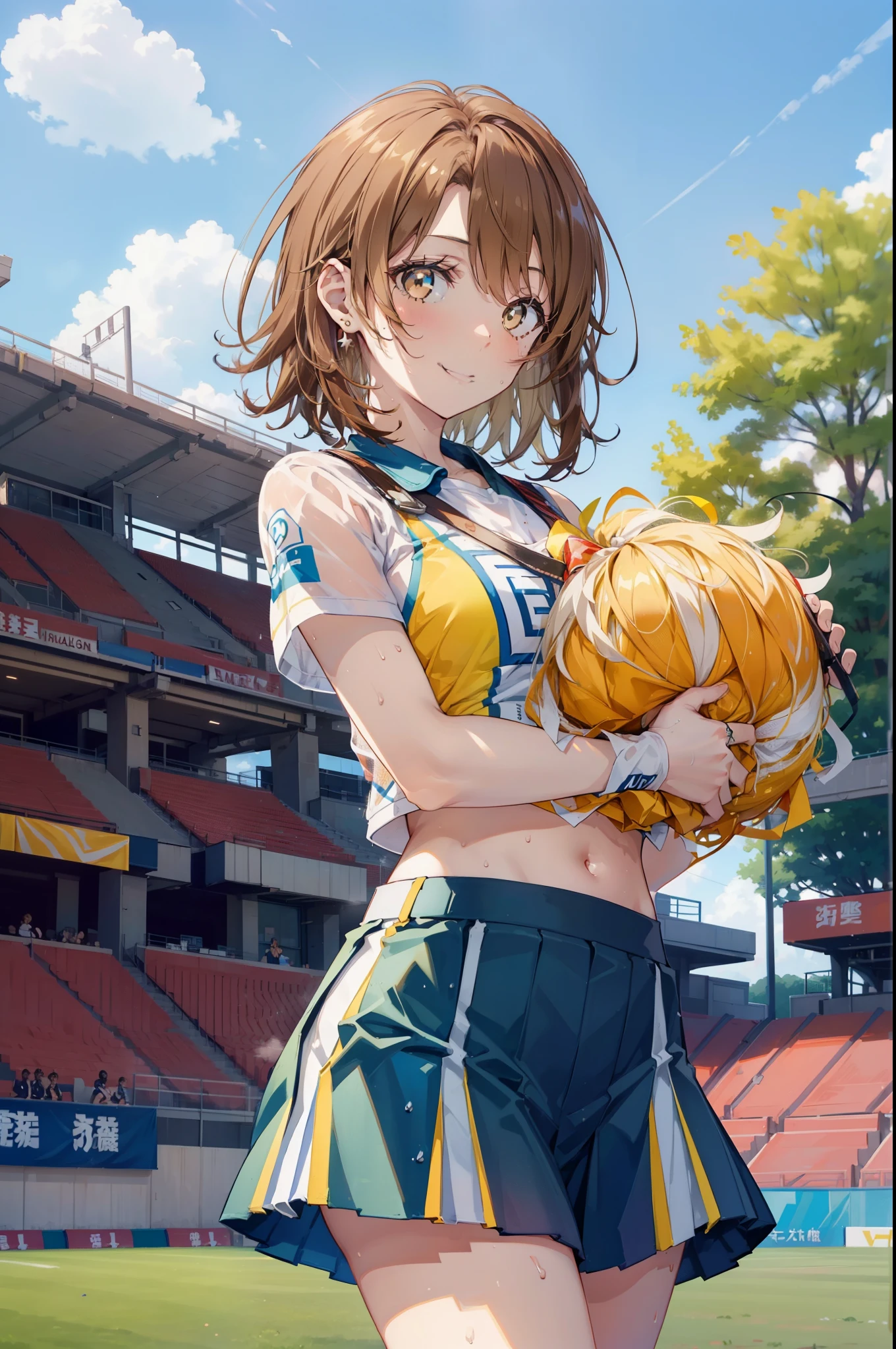 irohaisshiki, iroha isshiki, short hair, brown hair, (brown eyes:1.5), smile,happy smile, smile, open your mouth,(cheer leading), (whole body), big breasts, lower, (sweaty), sweaty Wet Clothes, (yellow clothes),Yellow pleated skirt,sneakers , Navel support, playground, (jump), (jump), 足を曲げてjumpする, air, blue sky, Grass原, smile
チアリーダー, pom pom \(cheer leading\), Grass, smile, 
break outdoors,stadium,
break looking at viewer,(cowboy shot:1.5),
break (masterpiece:1.2), highest quality, High resolution, unity 8k wallpaper, (figure:0.8), (detailed and beautiful eyes:1.6), highly detailed face, perfect lighting, Very detailed CG, (perfect hands, perfect anatomy),