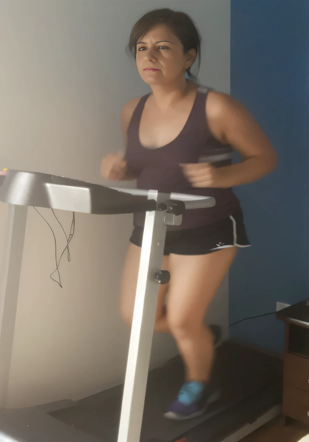 woman running on a treadmill in a room, working out, stuck on a hedonic treadmill, hedonic treadmill, in good physical shape, suitable photo, not blurred, woman in her early 40s, good quality photo, very accurate photo, she is about 40 years old, fitness, high quality photo, high resolution, masterpiece, 8k