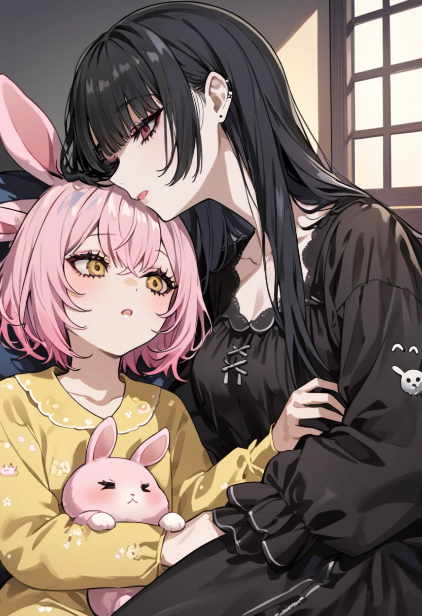 a goth women, black hair, wearing a black pajamas with little white skulls, she is kissing a girl with light pink hair, wearing a pastel yellow pajamas with small print of little pink rabbits, they are sleepy, bed, a window catching the sunset light