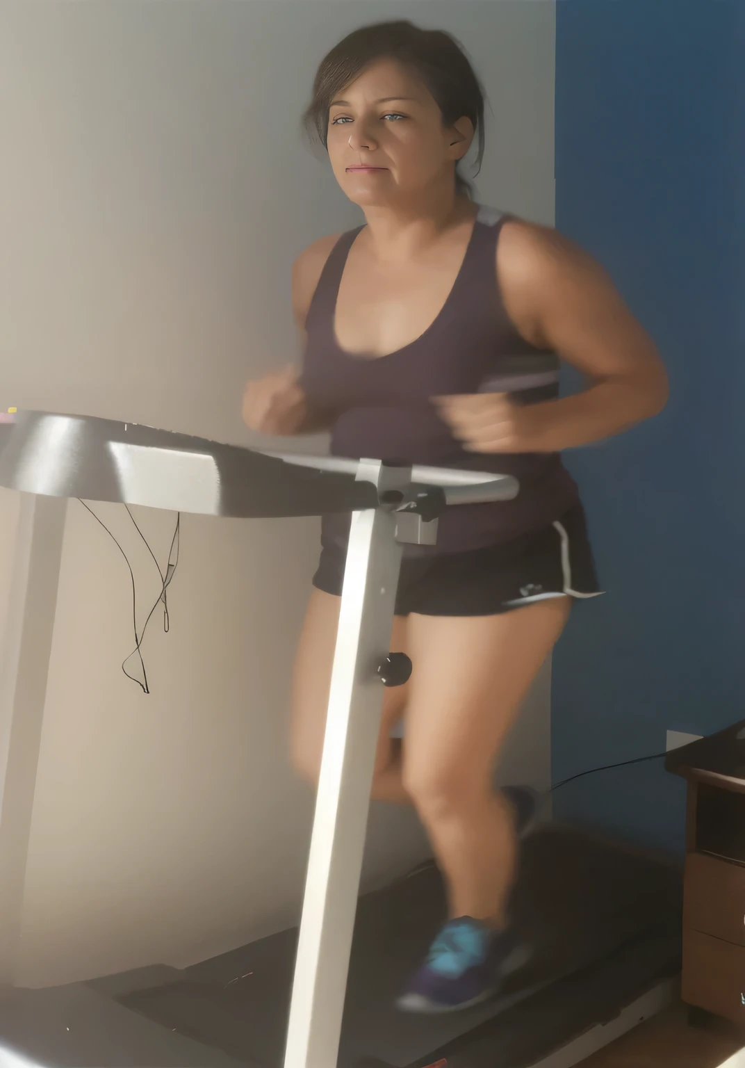 woman running on a treadmill in a room, working out, stuck on a hedonic treadmill, hedonic treadmill, in good physical shape, suitable photo, not blurred, woman in her early 40s, good quality photo, very accurate photo, she is about 40 years old, fitness, high quality photo, high resolution, masterpiece, 8k