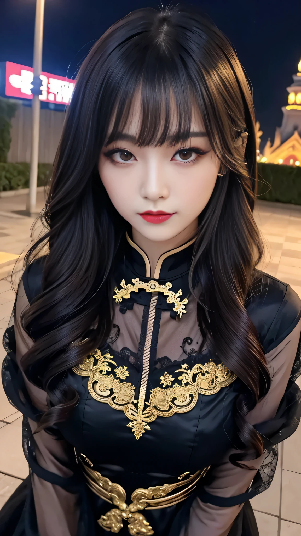 tra-detailed、Japanese、attractive beauty、seductive adult woman、pretty woman、piercing eyes、cool girl、wavy hair、swept bangs、Long Black and Gold Cheongsam、wide sleeves、Evil cadres、evil depravity、brainwash、mind control、lipstick、lip gloss、dark makeup、smirk、whisper in your ear、Evil expression、evil、hollow eyes,half-closed eyes、empty eyes、evil、church at night、vampire、succubus、vampire、Swear allegiance、sexy pose、hair ornaments、