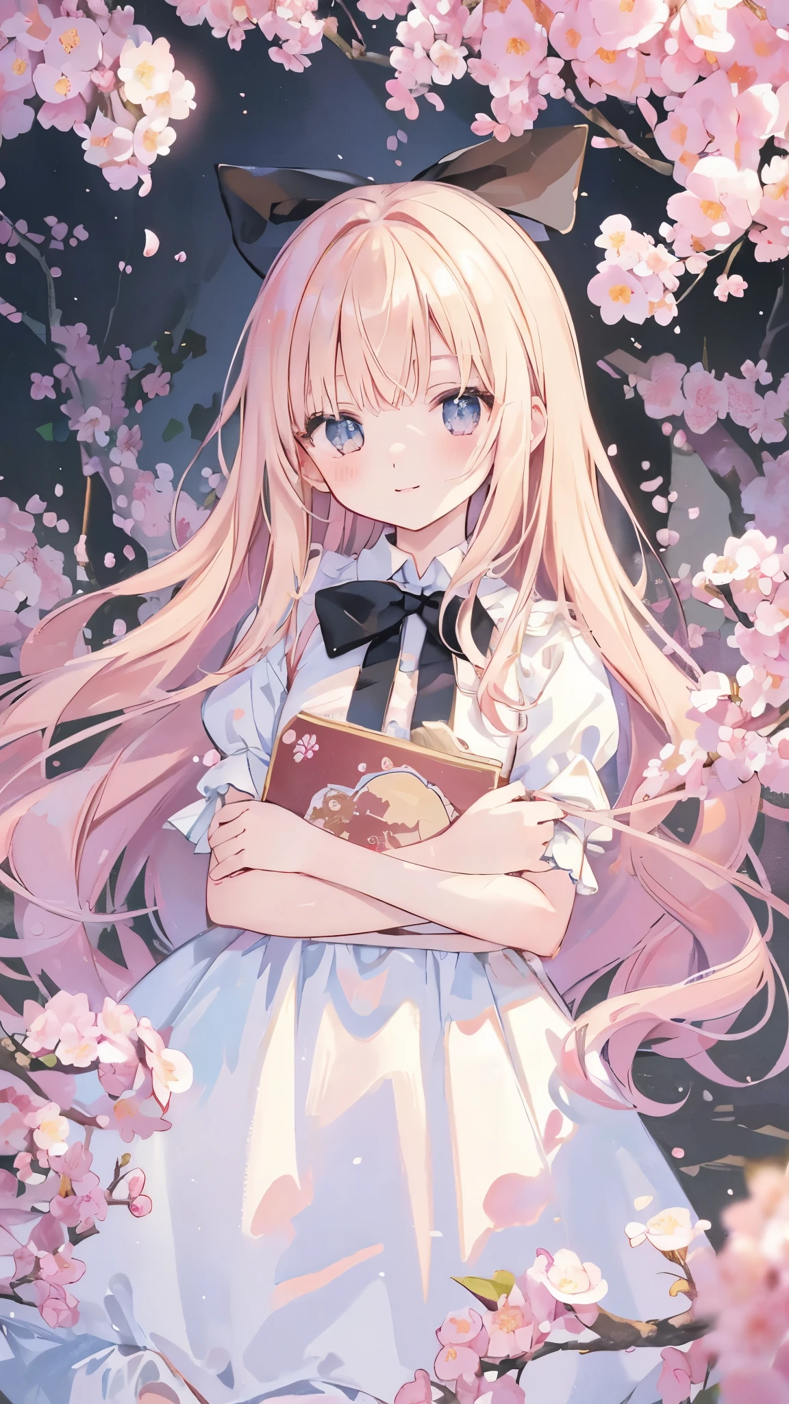 High resolution, (An illustration: 1.3), anime、((highest quality)), (Super detailed), (beautiful), ((Delicate rural landscape、Beautiful cherry tree、full bloom:1.3)), alone,(8-year-old:1.4)、cute face、(alice in wonderland costume:1.4),white and transparent skin、(black ribbon on head:1.3)、Shiny pale colorful blonde long hair,Delighted face、low position、from below、model pose:1.4)