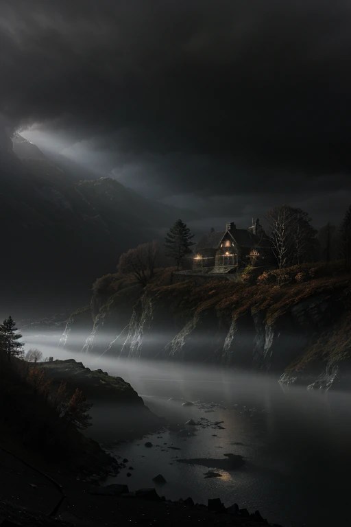 Dark Moody Atmosphere, dystopian style a view from the depths of the cave, an autumn landscape, a small smooth lake, a stone shore strewn with autumn leaves, a suspension bridge on ropes across the river, an old wooden house stands on a hill, in the fog, among the trees, a house near a large mountain, dark clouds, a beam of light breaks through the clouds, illuminating the house . bleak, post-apocalyptic, somber, dramatic, highly detailed, dramatic, mysterious, dark moody atmosphere