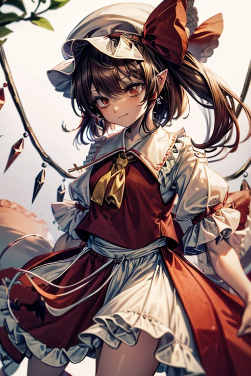 Flandre Scarlet, jewelry wing, (pointy ear:0.5), short ears, hat, White hat, Short sleeves, Puffy sleeves,reimu hakurei, (brown eyes:1.5), brown hair, bow, hair bow, hair tubes, long hair, red bow,body suit,muscle ,muscle,thick arms,full body,,devil eyes,
evil smile,