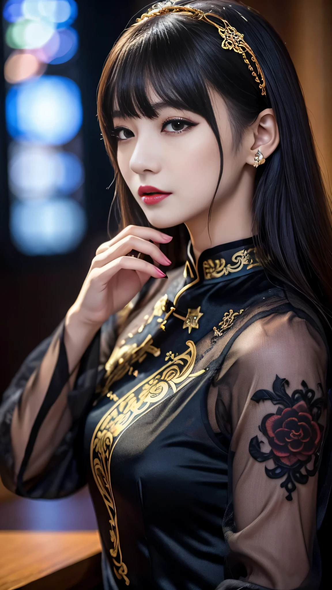 tra-detailed、Japanese、attractive beauty、seductive adult woman、pretty woman、piercing eyes、cool girl、wavy hair、swept bangs、Long Black and Gold Cheongsam、wide sleeves、Evil cadres、evil depravity、brainwash、mind control、lipstick、lip gloss、dark makeup、smirk、whisper in your ear、Evil expression、evil、hollow eyes,half-closed eyes、empty eyes、evil、church at night、vampire、succubus、vampire、Swear allegiance、sexy pose、hair ornaments、