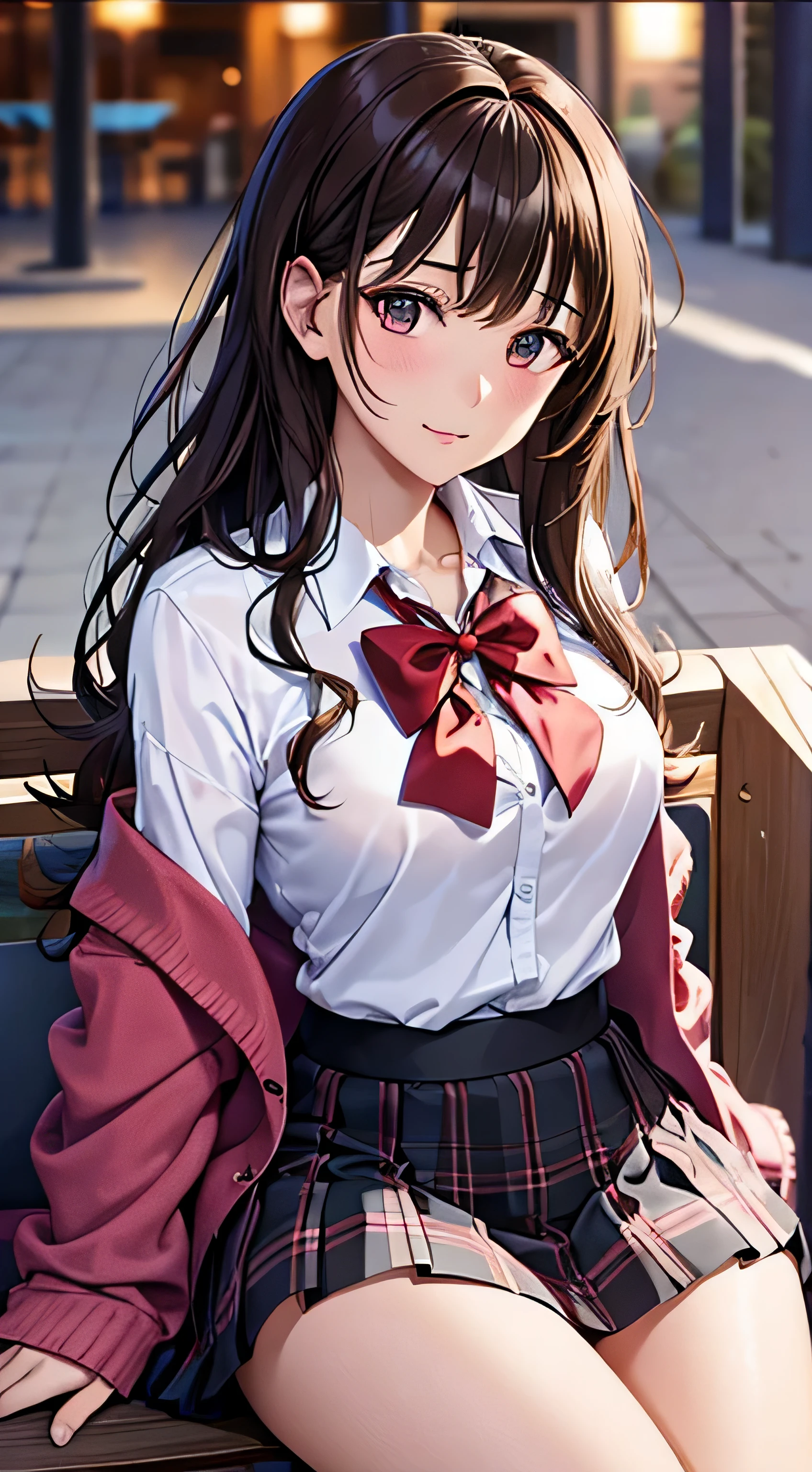 (table top, highest quality, High resolution, , perfect pixel, 4k,), 1 girl, single, alone, Beautiful woman、I could see the whole body、 ((wavy middle hair, bangs, brown hair)), ((brown eyes, beautiful eyelashes, realistic eyes)), ((detailed face, blush:1.2)), ((smooth texture:0.75, realistic texture:0.65, realistic:1.1, Anime CG style)), medium breasts, dynamic angle, perfect body, ((red bow tie, , black jacket, open jacket,cardigan, white shirt, black skirt, shirt unbuttoned、plaid skirt)), upper grade、shy smile、school poolside、evening、sit on a bench、(open your legs、get down on one knee、flip up the skirt、pink floral lace panties)、