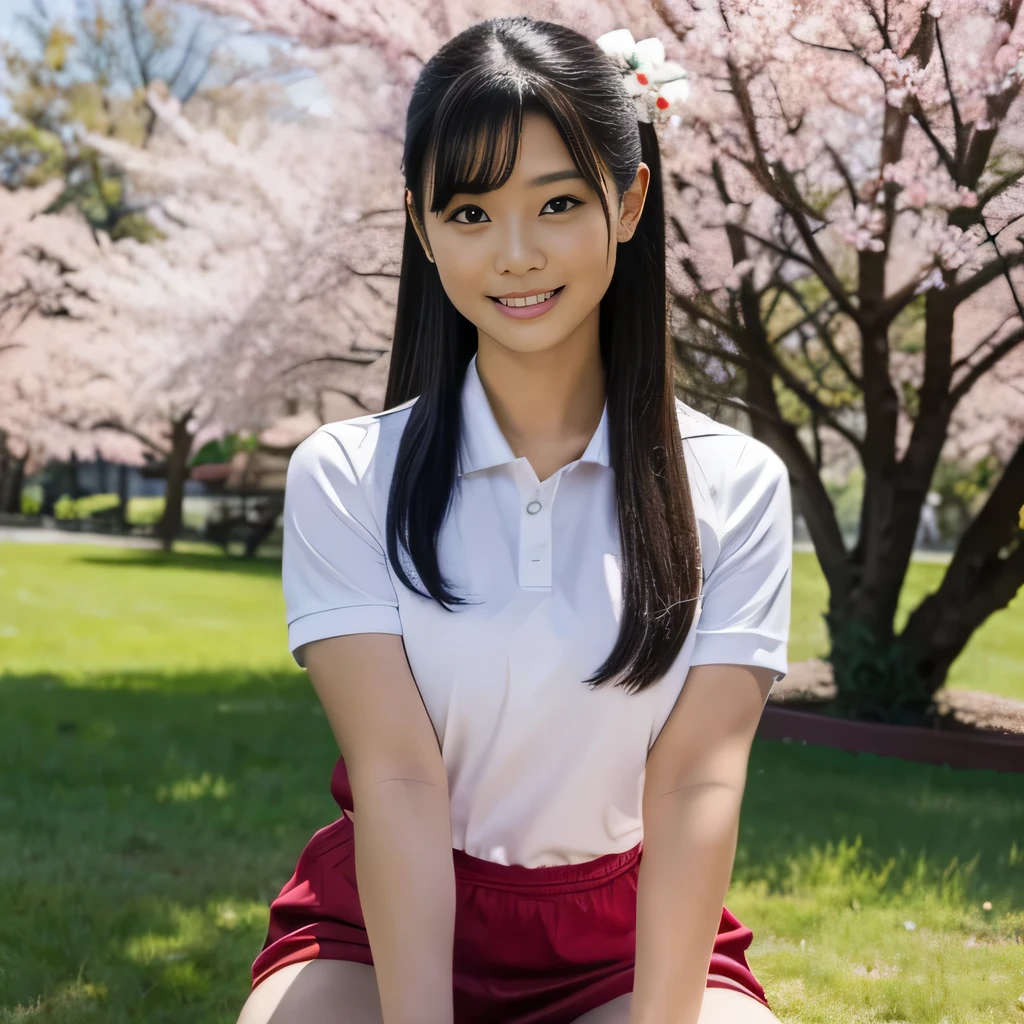 cute  girl, cute smile、pretty face、Height: approx. 160cm, brown eyes, Wearing a Japanese high 、wear a pleated skirt、In the row of cherry blossom trees、double ponytail black hair, masterpiece, 最high quality, 超high quality, high quality, High resolution, ultla High resolution, disorganized, 4k, 8K, 16k, very detailed, Complex, great shading, high contrast, realistic, photo realistic, RAW photo, photo shoot, super detailed illustrations, shortening, perfect anatomy, correct anatomy, perfect proportions, perfect face, perfect hands, perfect legs, perfect fingers