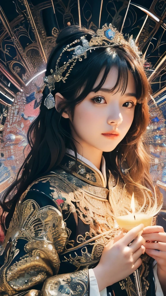 (masterpiece, top quality, best quality, official art, beautiful and aesthetic:1.2), (1girl, ), extreme detailed,colorful,highest detailed, official art, unity 8k wallpaper, ultra detailed, beautiful and aesthetic, beautiful, masterpiece, best quality, (zentangle, mandala, tangle, entangle) ,holy light,silver foil,gold leaf art,glitter drawing, PerfectNwsjMajic,moametal,moakikuchi