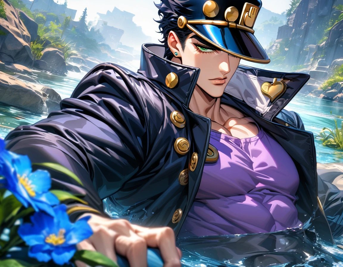 absurdres, highres, ultra detailed, HDR), masterpiece, Vibrant green eyes, Jotaro Kujo, jojo bizarre adventure, 1man, handsome, black leather coat, purple shirt, black hair, black hat, water, blue flowers
