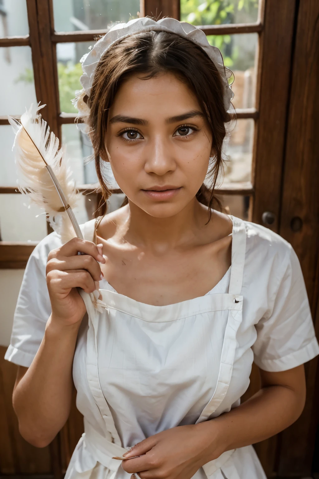 (Best quality, Ultra-detailed: 1.1), Photographic portrait of a housemaid, dressed in a traditional uniform, holding a feather duster, (wrinkled: 0.5) apron, (worn: 0.5) shoes, (tired: 0.8) expression, (realistic: 1.0) skin texture, (rugged: 0.5) hands, (glowing: 0.3) highlights on face from natural sunlight filtering in, (focused: 1.0) on face, (symmetrical: 0.9) features, (sharp: 1.0) focus, (