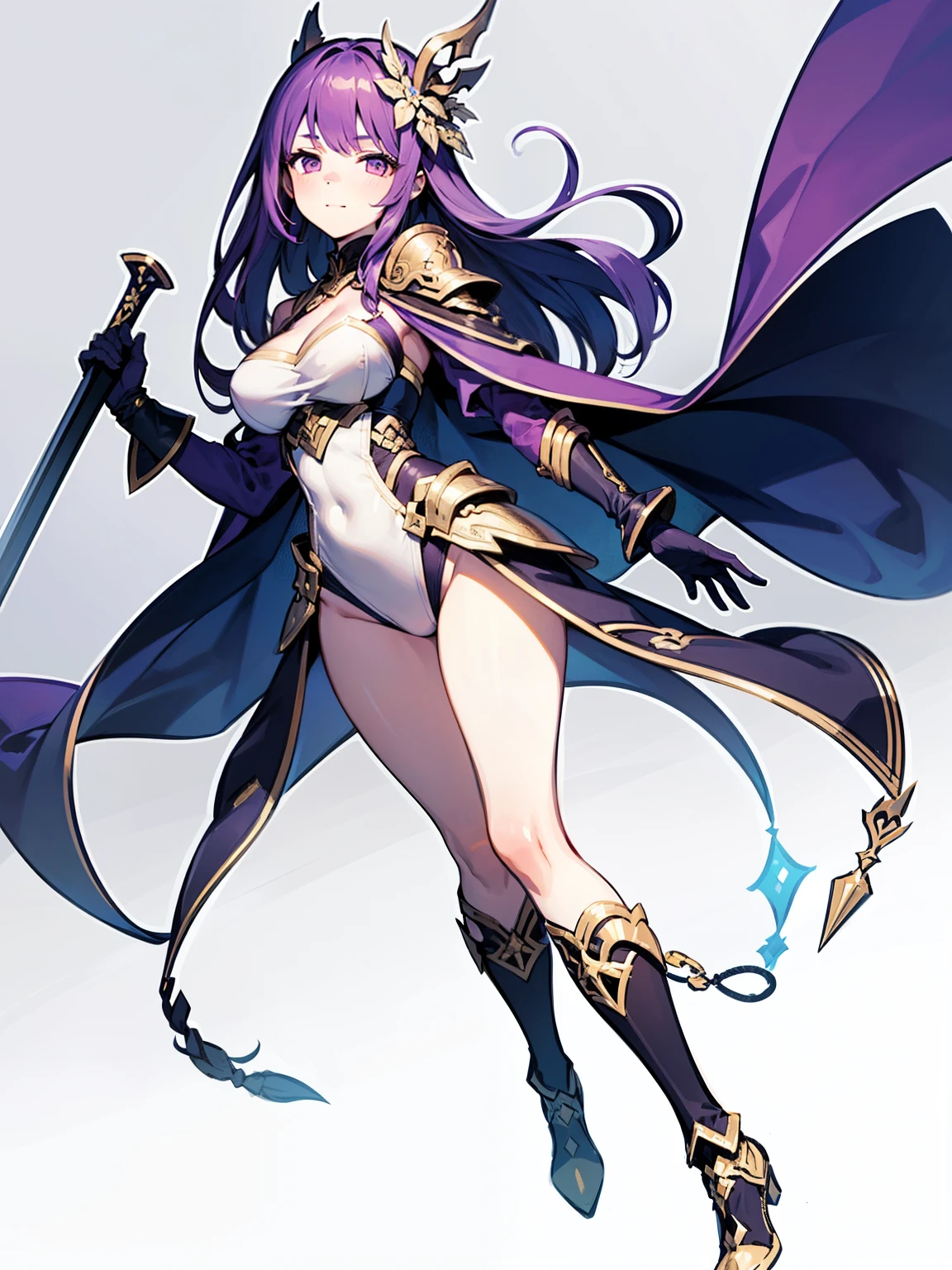 1girl, solo, solo focus, tall figure, (long hair, purple hair). She wears a white leotard, combined with black line elements. She wears a white hair ornament and carries an extremely large golden sword. bare legs, white boots, full body, medium breasts, holding weapon, holding sword