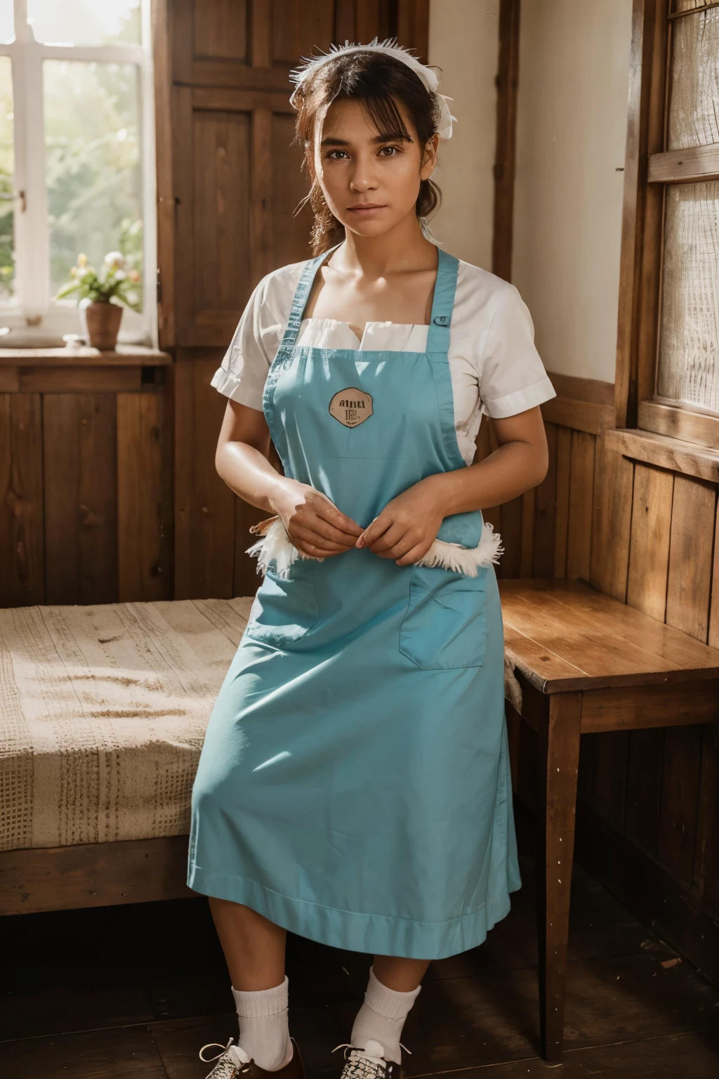 a woman, (northeast Asian food market, narrow street, at night), customers, round face, (various patterned apron, shirt), (cute stall staff girl spread legs, showing off her crotch), (squirting)), braid, glasses with thin rim,