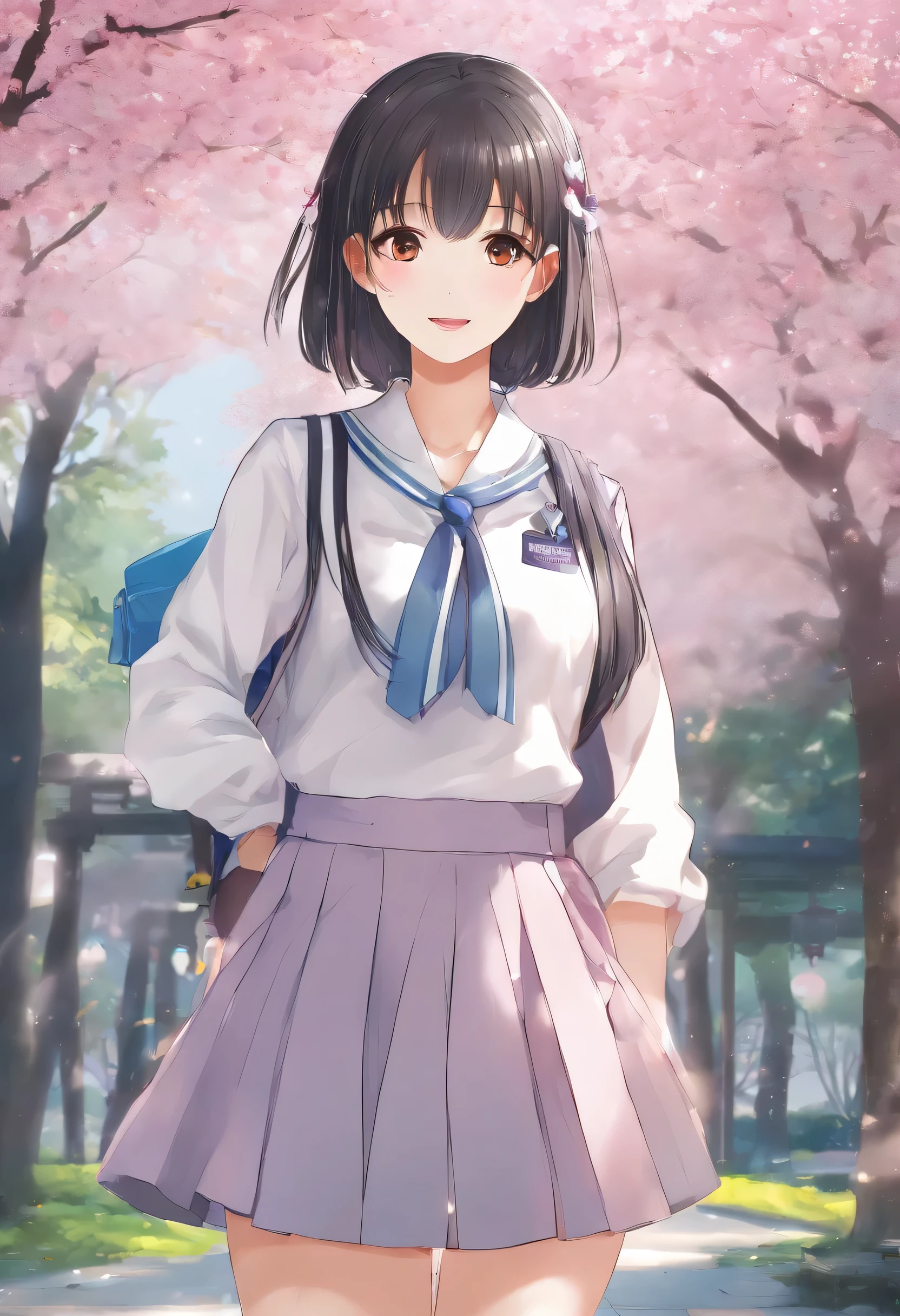 cute girl, cute smile、pretty face、Height: approx. 160cm, brown eyes, ((Wearing a Japanese high school uniform))、wear a pleated skirt、In the row of cherry blossom trees、double ponytail black hair, masterpiece, 最high quality, 超high quality, high quality, High resolution, ultla High resolution, disorganized, 4k, 8K, 16k, very detailed, Complex, great shading, high contrast, realistic, photo realistic, RAW photo, photo shoot, super detailed illustrations, shortening, perfect anatomy, correct anatomy, perfect proportions, perfect face, perfect hands, perfect legs, perfect fingers