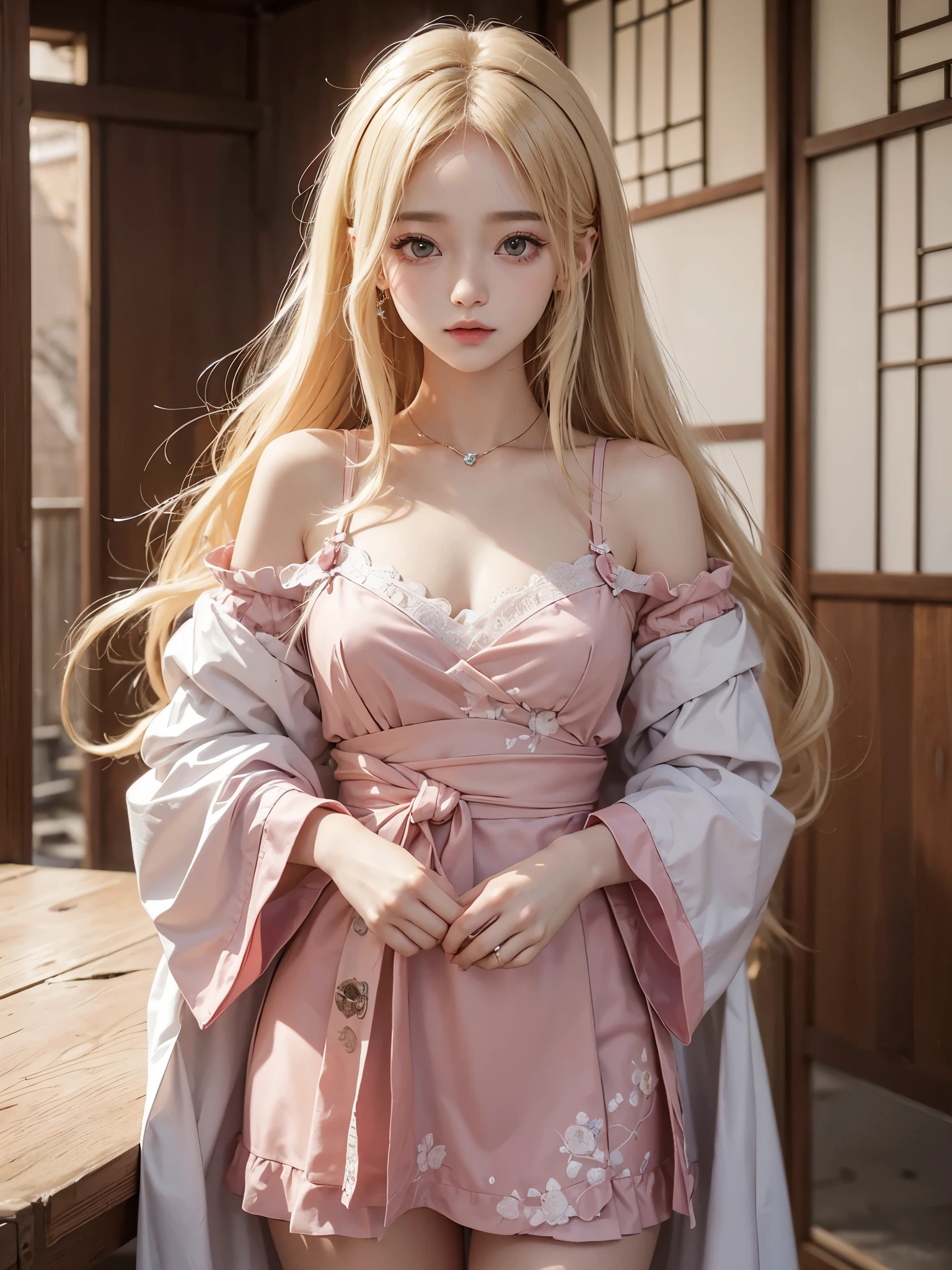 A young girl with very light blonde hair and pretty 20 years old, con cara de Wonyoung, Jang Wonyoung, doll eyes, estilo muy femenino, prendas con encaje, prendas rosadas. Chica japonesa, very tender asian girl with pale skin, ojos grandes, ojos de bambi, labios gruesos, ropa rosa, ella tiene el cabello muy largo, her face is pretty like a baby, se parece a Jang Wonyoung de ive, es Wonyoung, busto grande y notorio.
