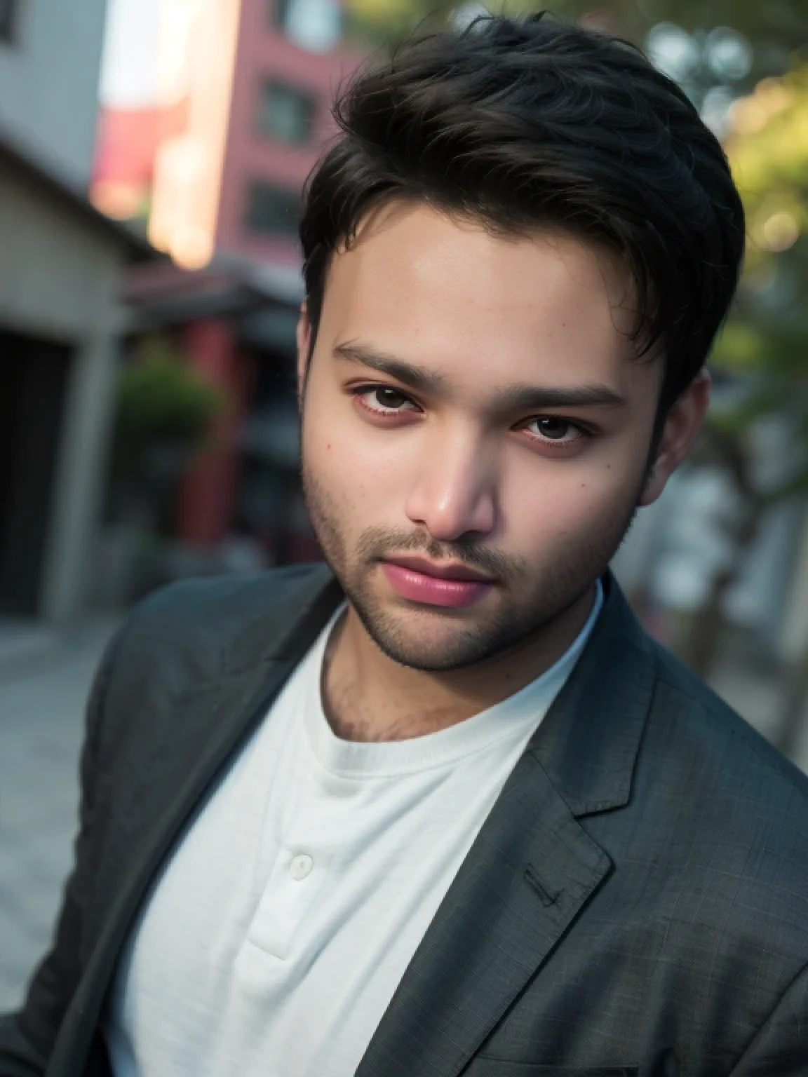 A beautiful young bearded man with highly detailed skin,8k,high res,ultra realistic, photorealism,(real life photo,realistic:1.9),best quality,ultra-detailed,professional,vivid colors,sharp focus,physically-based rendering,studio lighting,bokeh,portraits, wearing blue T-shirt.(looking at camera:1.2),poses
