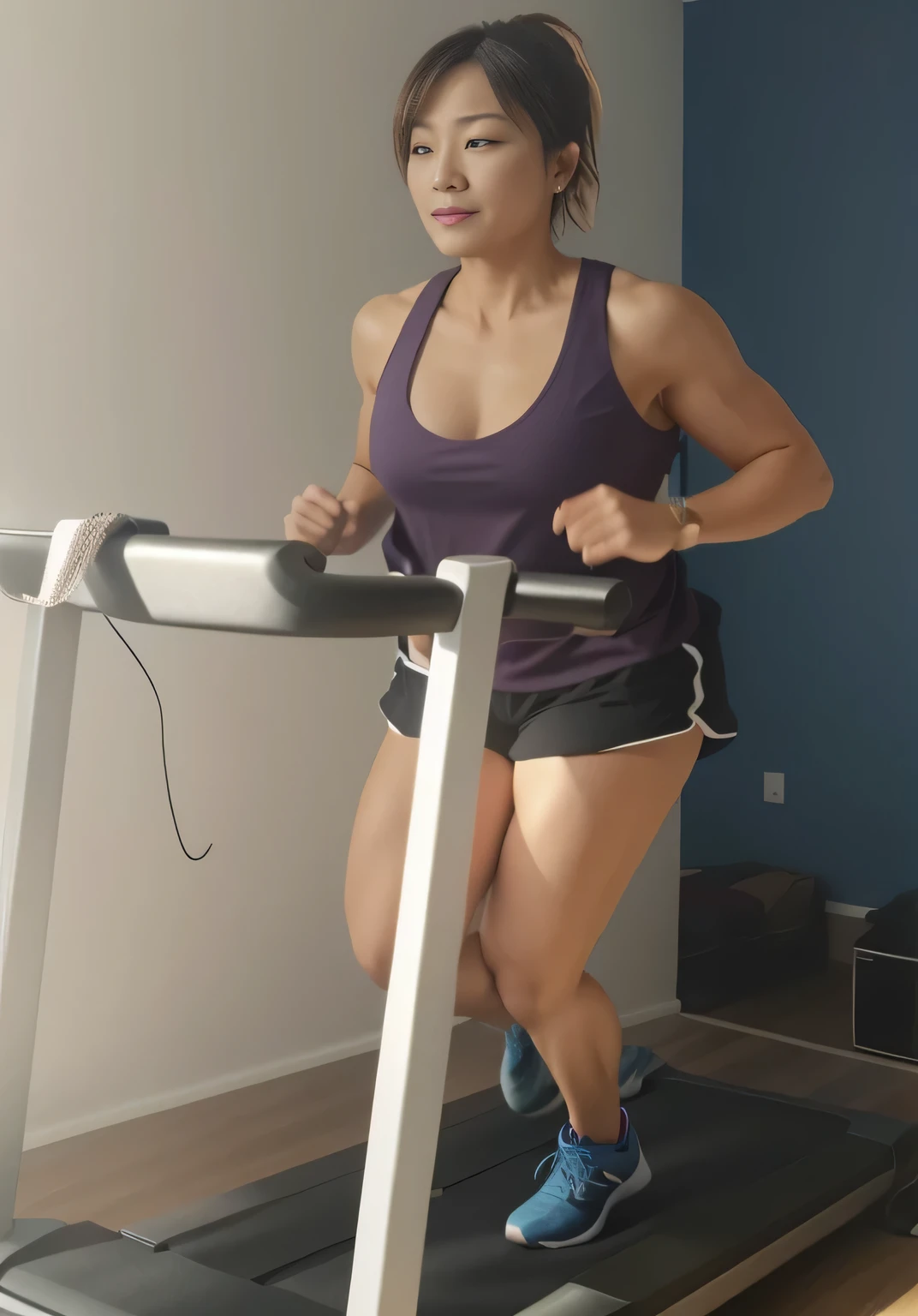 A woman in a really short skirt walking on a treadmill with high heels on, small grimace of pain on face