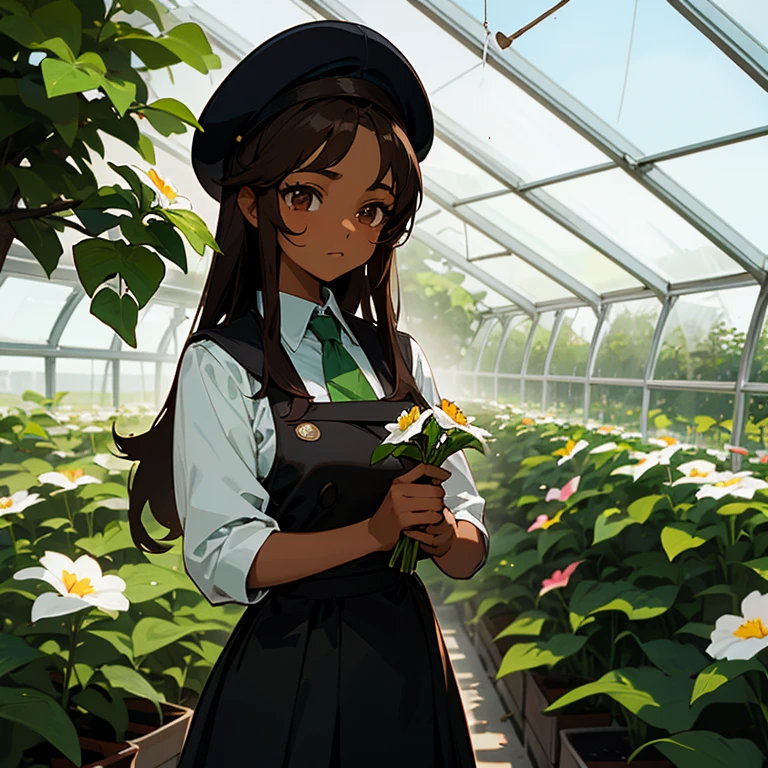 Mexican anime girl with dark skin and dark brown hair, Brown eyes, uniforme de colegiala negro con Beret blanco, she is caring for flowers in a greenhouse