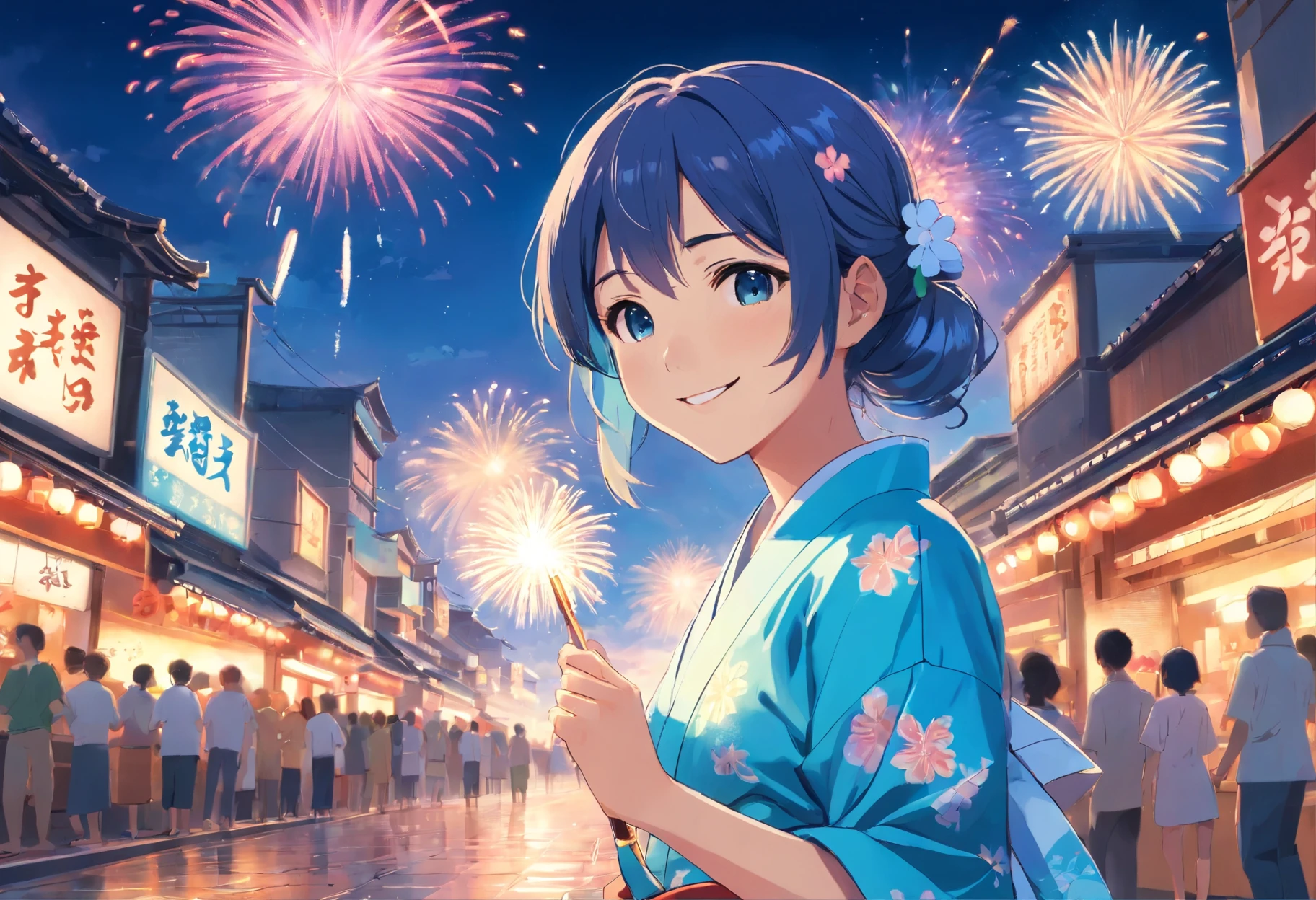 ,Girl in Yukata,light blue long hair、twin tails、Outstanding smile,Summer festival,night,Opening a store,Spirit Stream,Large fireworks,