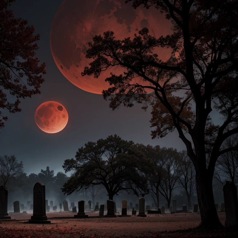 Background of a dark forest with red moon and vampire symbols Lafayette cemetery 