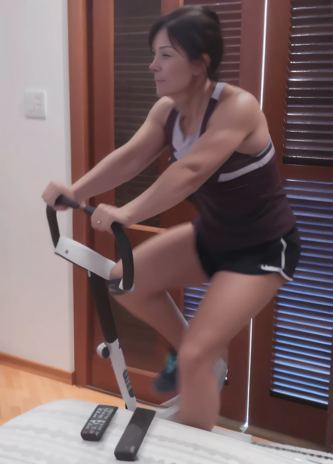 woman running on a treadmill in a room, working out, stuck on a hedonic treadmill, hedonic treadmill, in good physical shape, suitable photo, not blurred, woman in her early 40s, good quality photo, very accurate photo, she is about 40 years old, fitness, high quality photo, high resolution, masterpiece, 8k