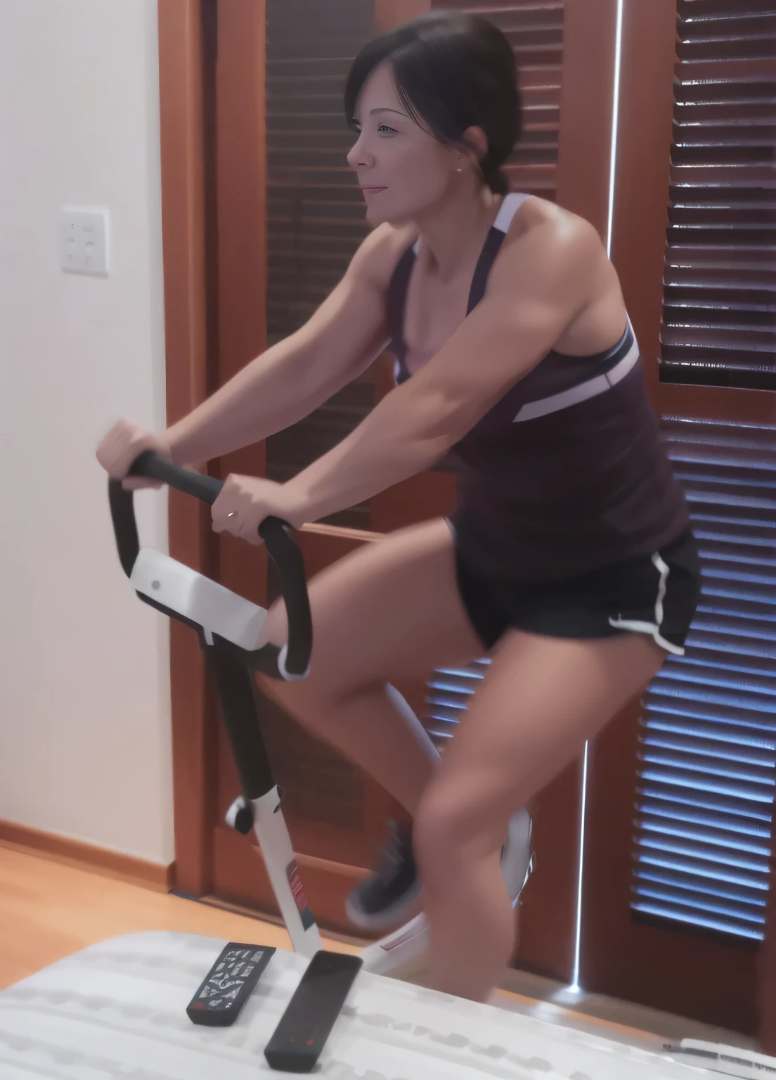woman running on a treadmill in a room, working out, stuck on a hedonic treadmill, hedonic treadmill, in good physical shape, suitable photo, not blurred, woman in her early 40s, good quality photo, very accurate photo, she is about 40 years old, fitness, high quality photo, high resolution, masterpiece, 8k