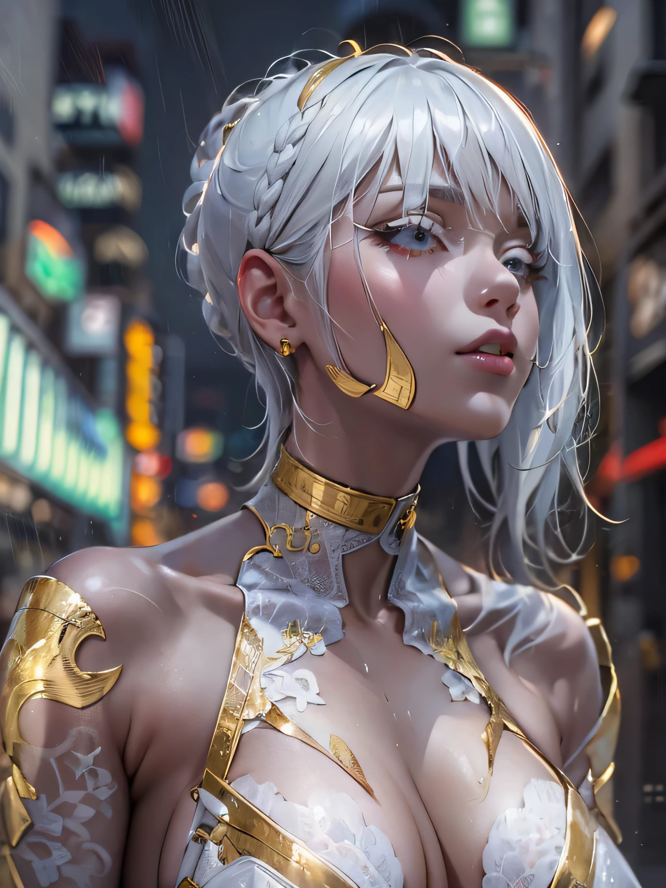 (photorealistic:1.8, highest quality:1.8,8K masterpiece:1.8,High resolution,muste piece:1.8,RAW Photos,cinematic lighting),No split screen, cyber punk、Back alley of the city at night、rain-soaked ground、vapor、
(1 android girl:1.3)、Completely naked、Full body tattoo、choker、beautiful breasts、shirt、Denim Micro Shorts、beautiful butt,beautiful thighs,plump nipples、Nipples are visible through the costume,cameltoe,Body painting with a pop design drawn all over the body、pop art design、cutting edge fashion、conceptual art、
(Beautiful, shining pale-white, gray-gold hair:1.5)、Wistful