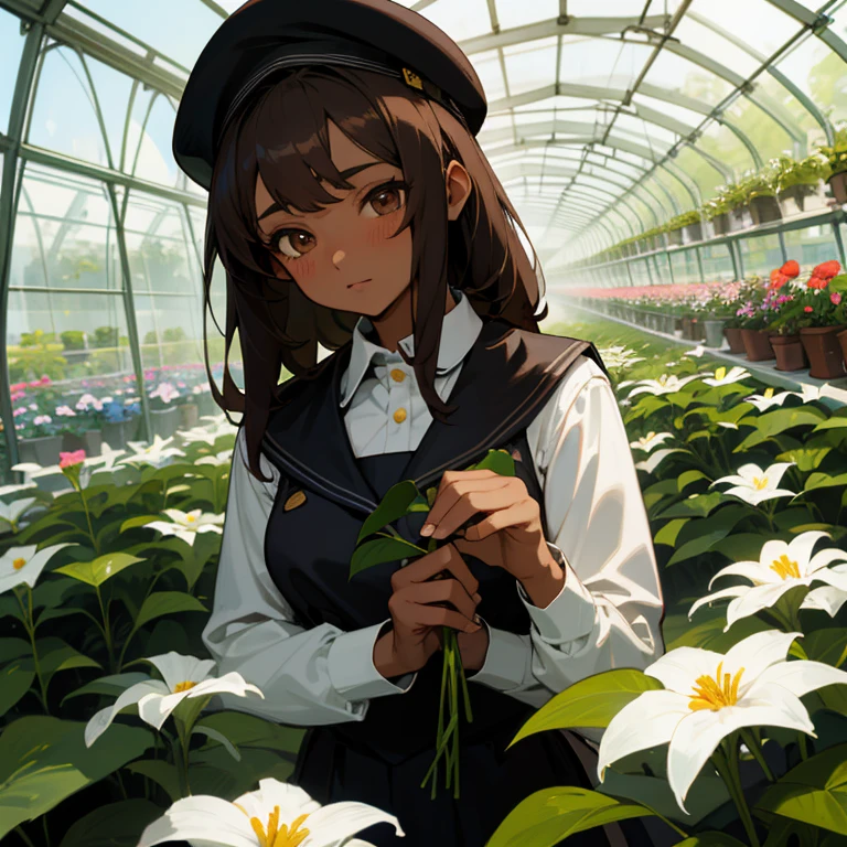 Mexican anime girl with dark skin and dark brown hair, Brown eyes, uniforme de colegiala negro con Beret blanco, she is caring for flowers in a greenhouse