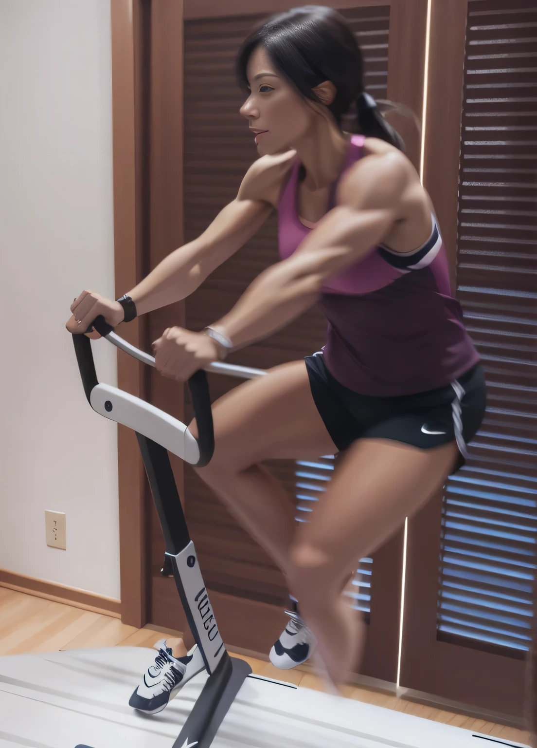 woman running on a treadmill in a room, working out, stuck on a hedonic treadmill, hedonic treadmill, in good physical shape, suitable photo, not blurred, woman in her early 40s, good quality photo, very accurate photo, she is about 40 years old, fitness, high quality photo, high resolution, masterpiece, 8k